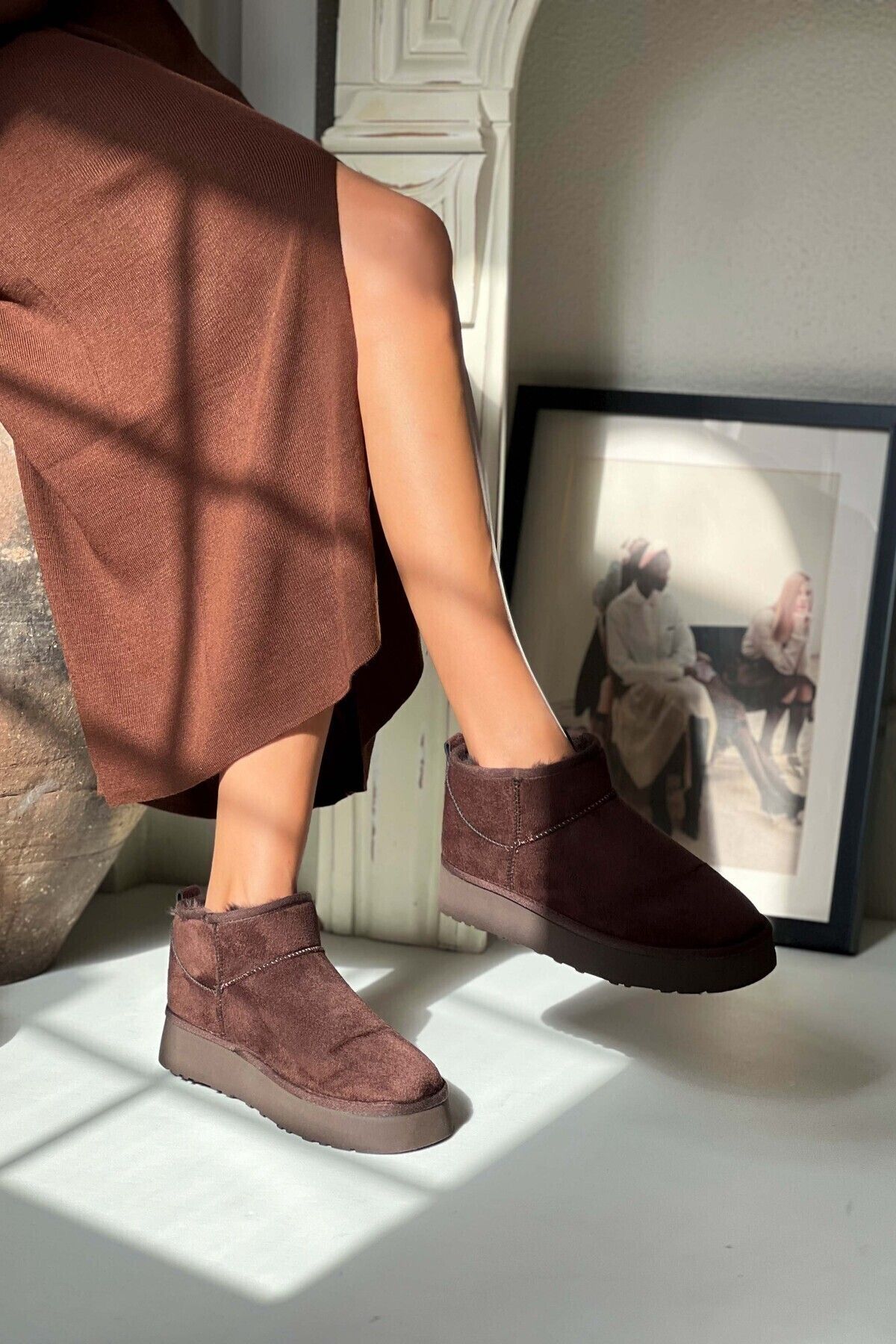 NİŞANTAŞI SHOES-Buty damskie - Mini Brown Suede, futerko w środku, gruba podeszwa 2