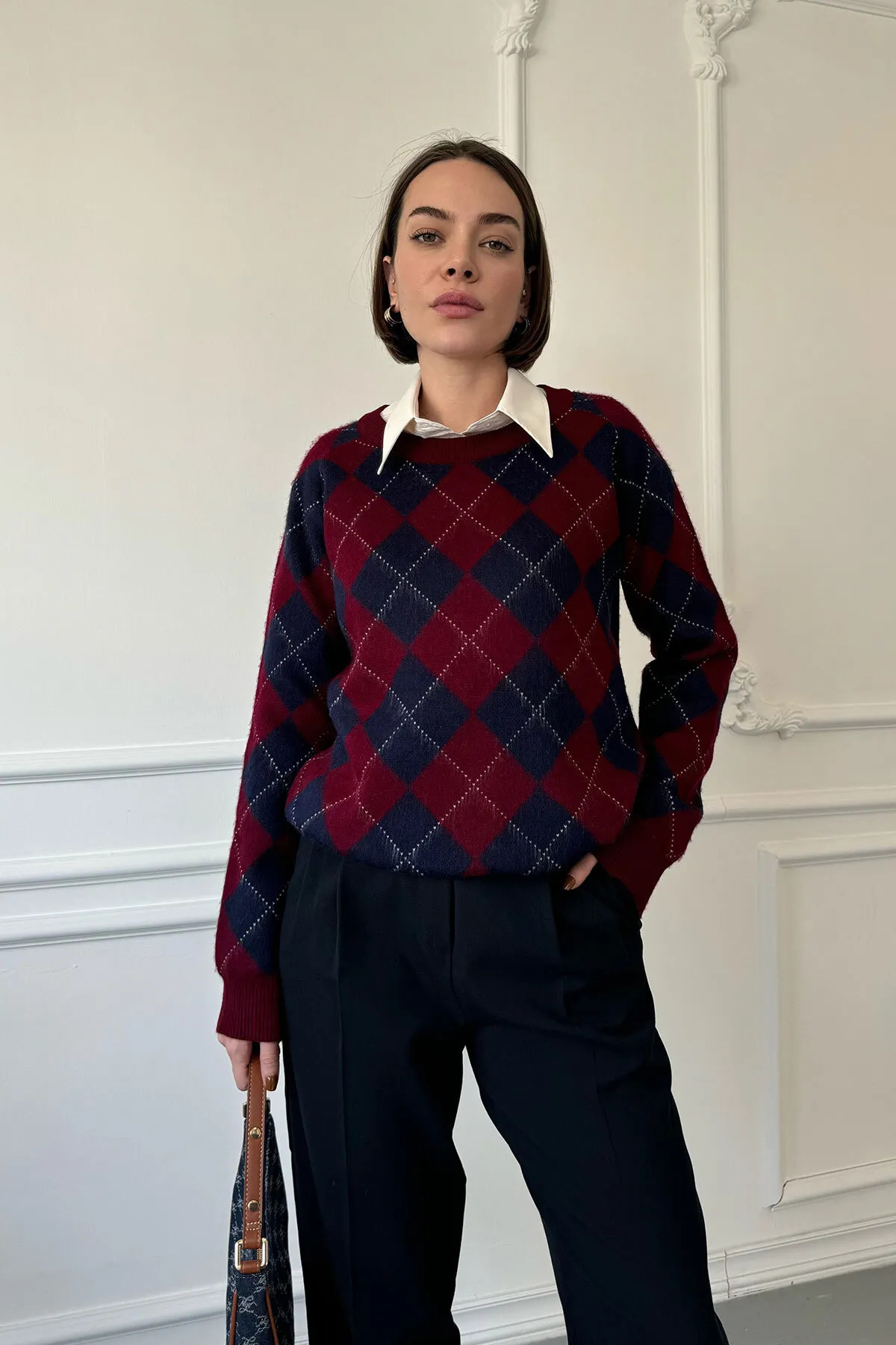 Nisantasimoda  Kadın Omuz Dikişli Baklava Desen Triko Kazak