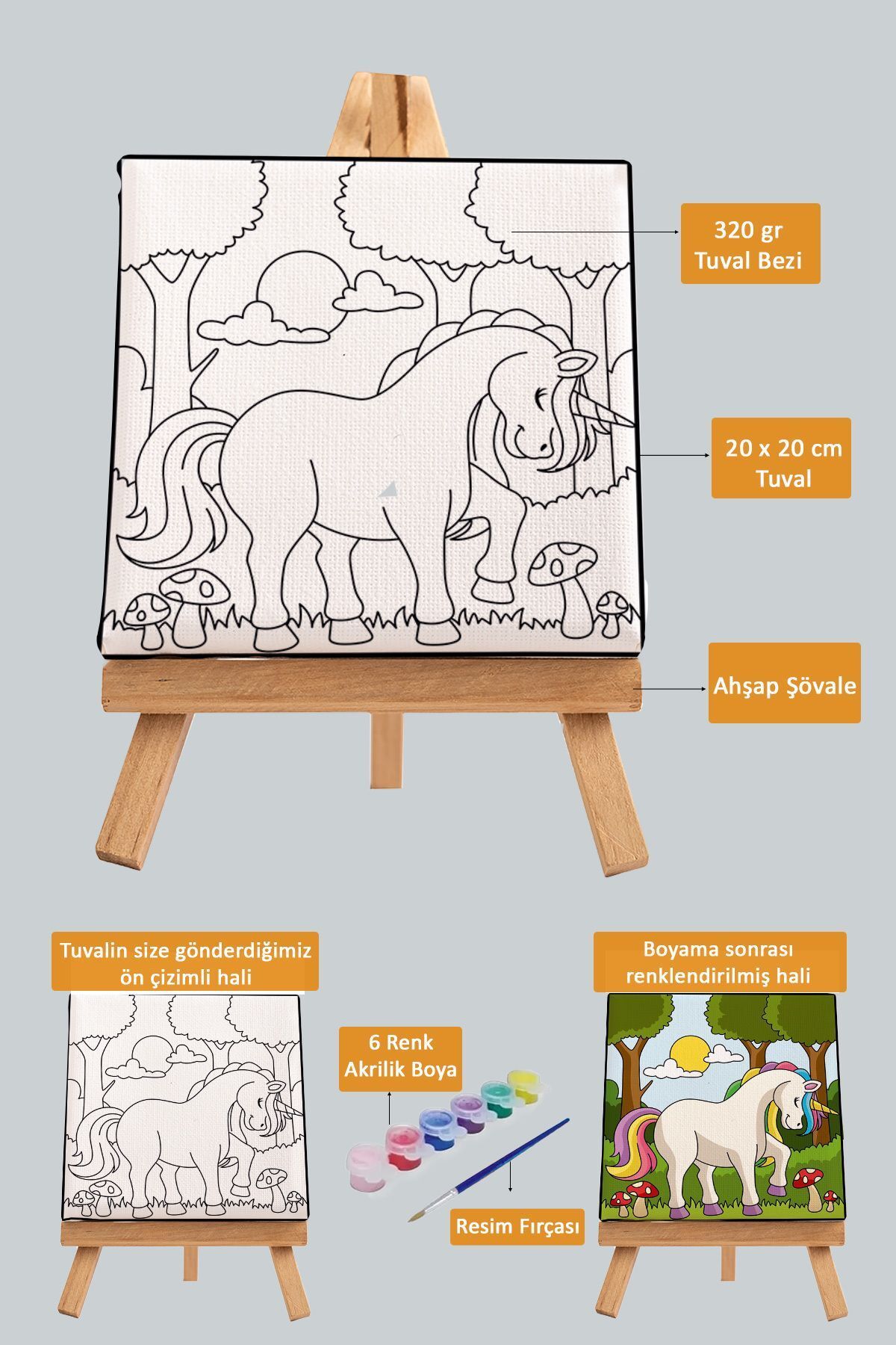 PAMUK'S DESİGN Sevimli Unicorn, Çocuk Eğitici Tuval Boyama Hobi Seti-9215