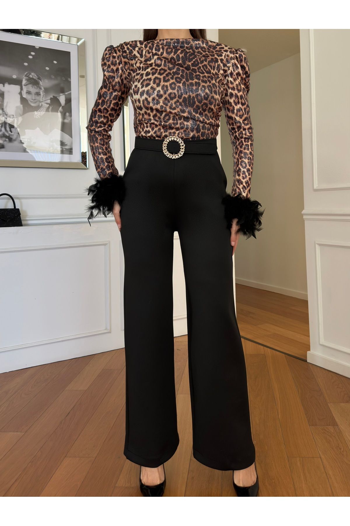 1Moda1Tarz-Leopard Print Sequined Fabric - Lining Design Jumpsuit Dress with Openwork Sleeves and Belt 8