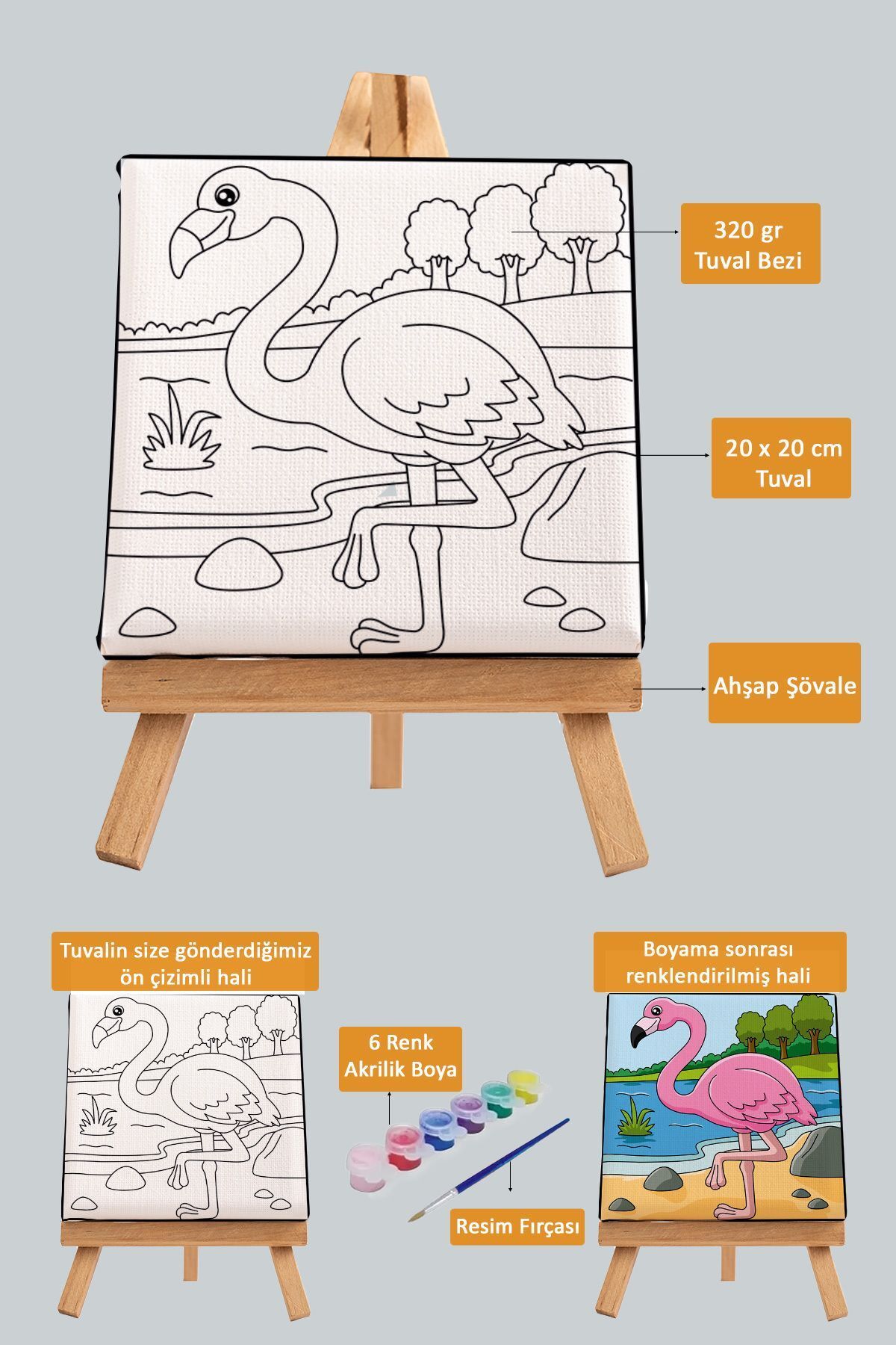 PAMUK'S DESİGN Sevimli Pembe Flamingo, Çocuk Eğitici Tuval Boyama Hobi Seti-9120