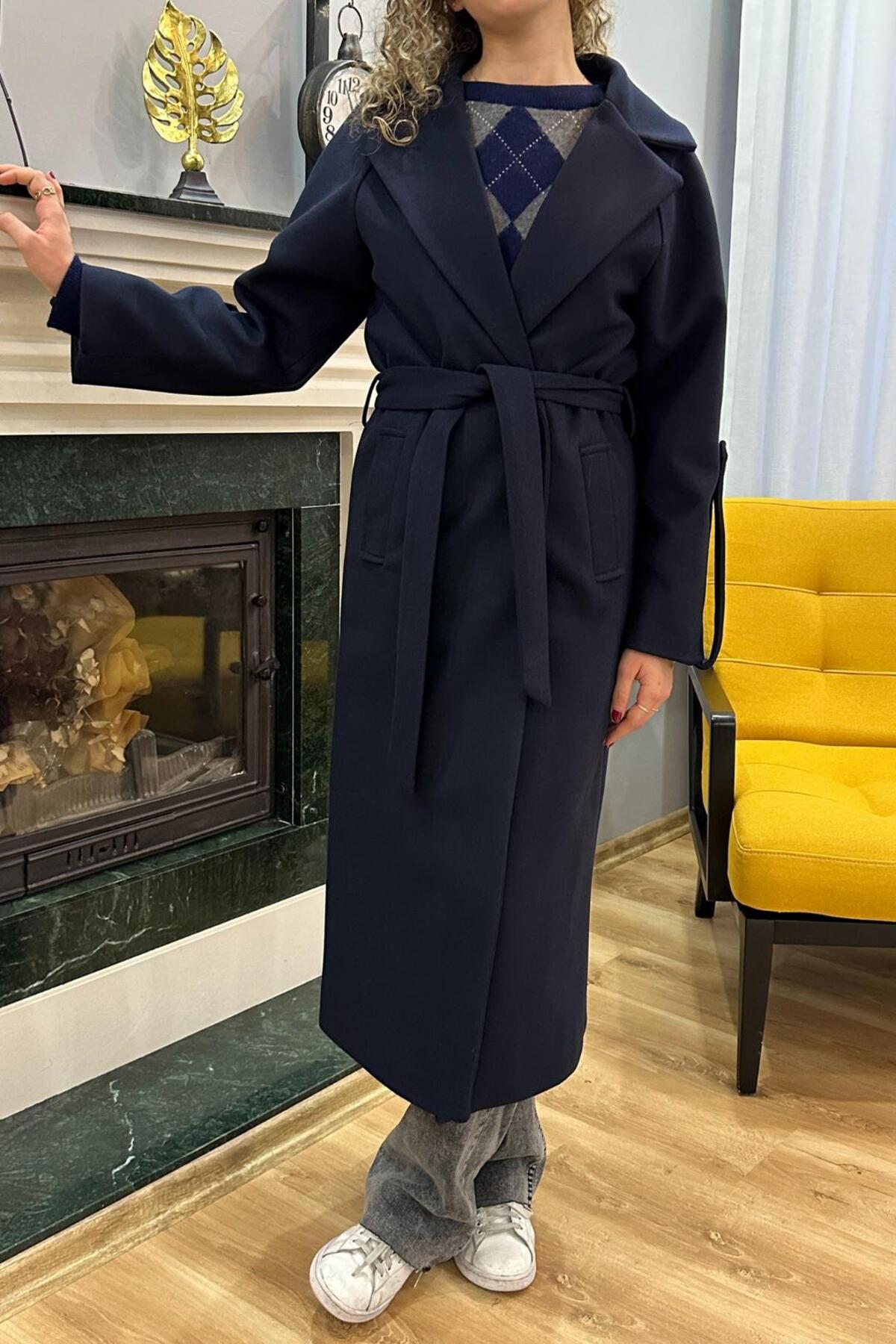 SeHlen Butik  Lacivert Kol Apoletli Kaşe Palto - Görsel 2