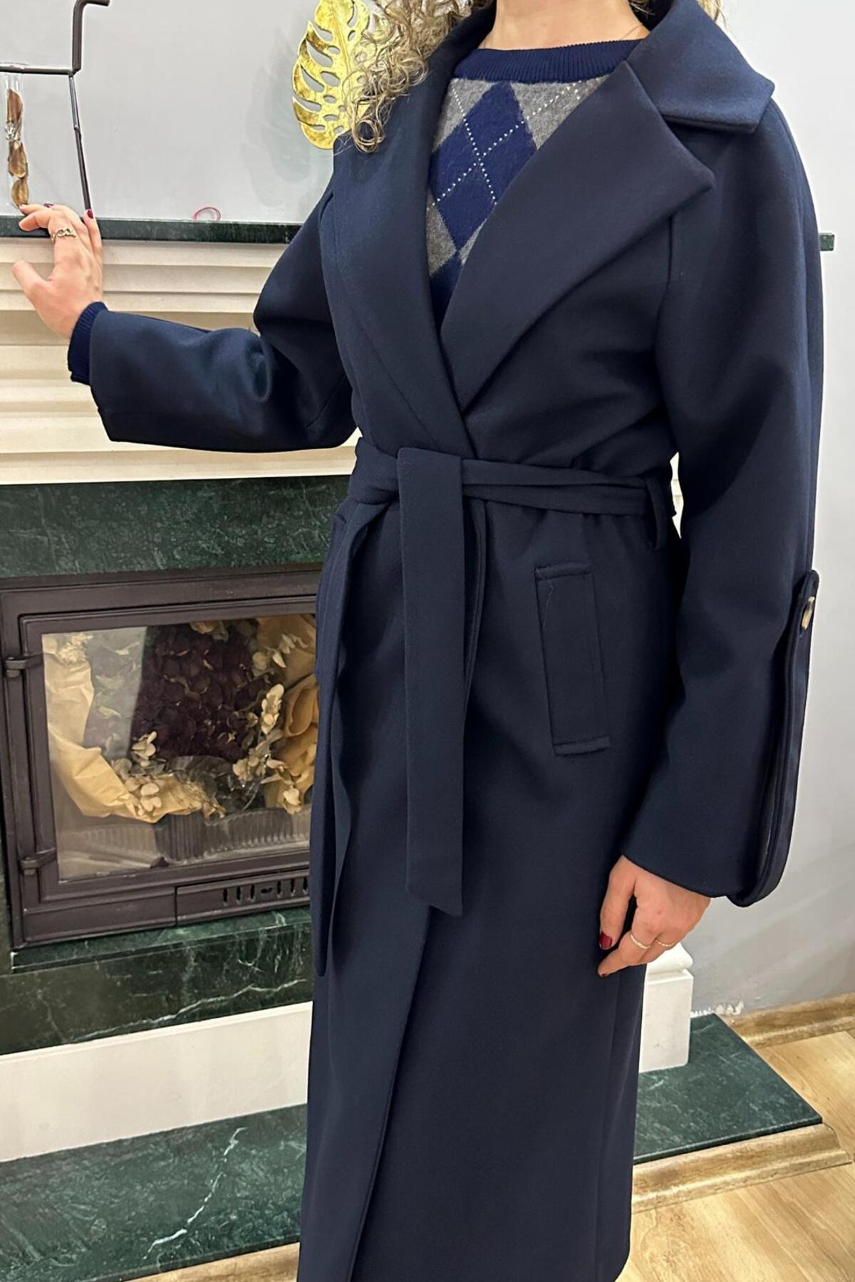 SeHlen Butik  Lacivert Kol Apoletli Kaşe Palto - Görsel 5