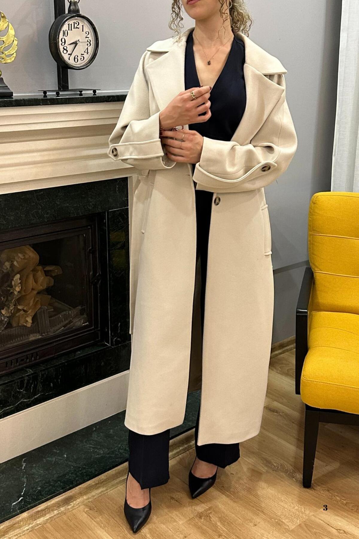 SeHlen Butik  Bej Kol Apoletli Kaşe Palto - Görsel 2