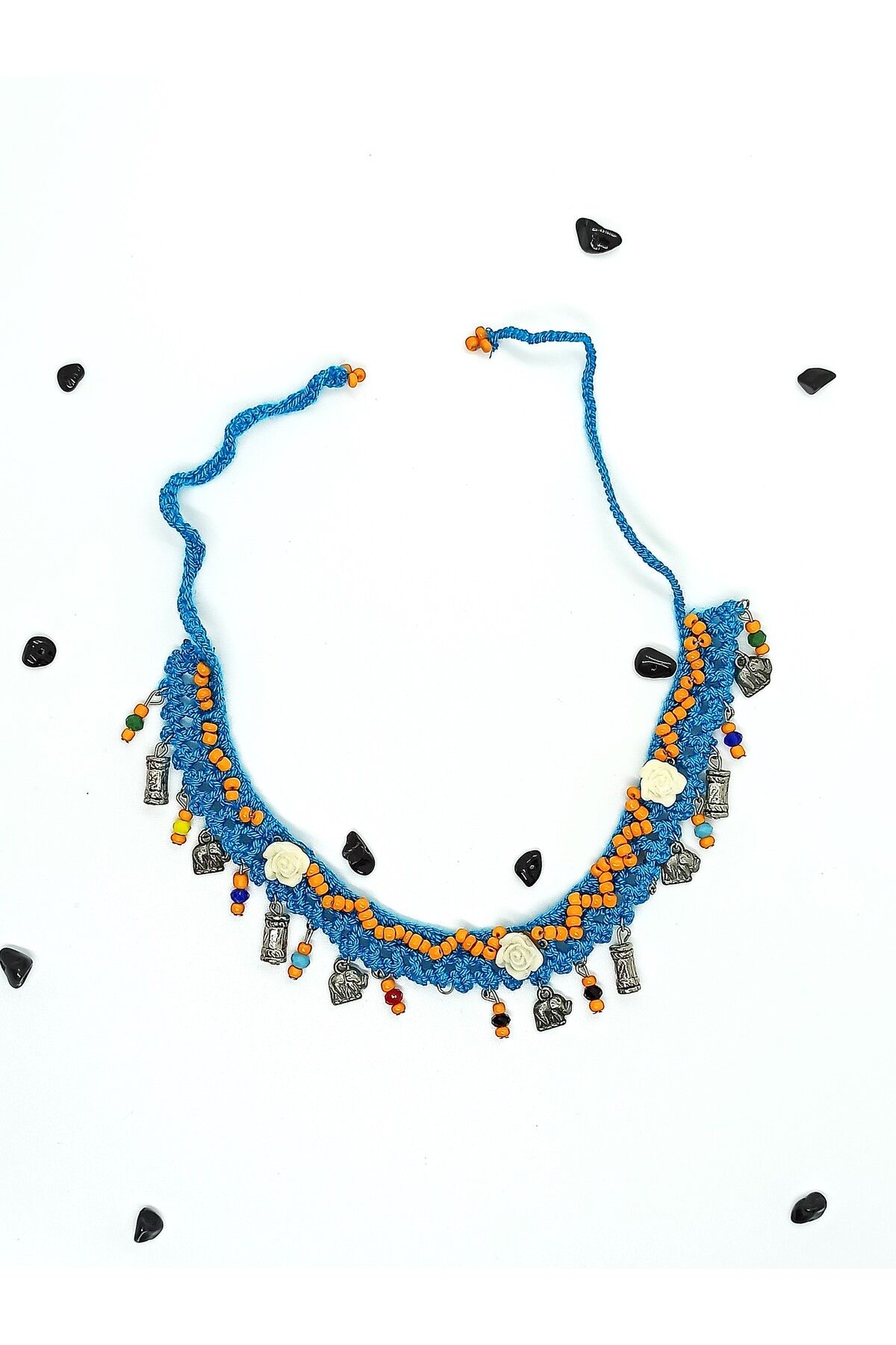 COOL&RELAX-Handmade Blue Knitted Orange Bead Detailed Both Choker Necklace Both Ankle 3