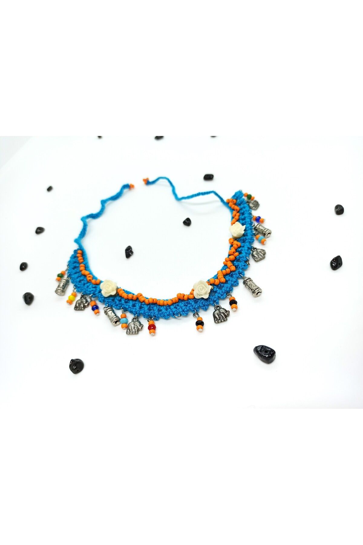 COOL&RELAX-Handmade Blue Knitted Orange Bead Detailed Both Choker Necklace Both Ankle 4