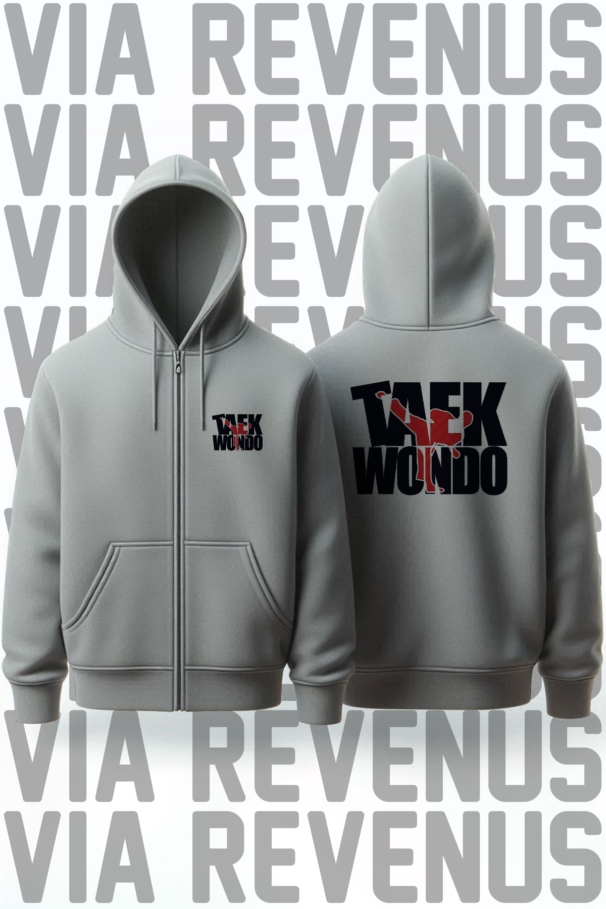 Taekwondo Ön ve Arka Baskılı Unisex Fermuarlı Kapüşonlu Gri Sweatshirt Hırka — خاکستری 2212GfTaekwondo