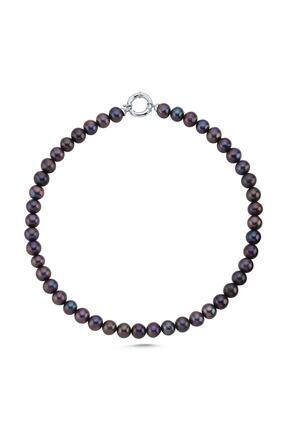 Birinci 925 Ayar Gümüş 10 mm Denizci Kilit Sıralı Siyah İnci Kolye