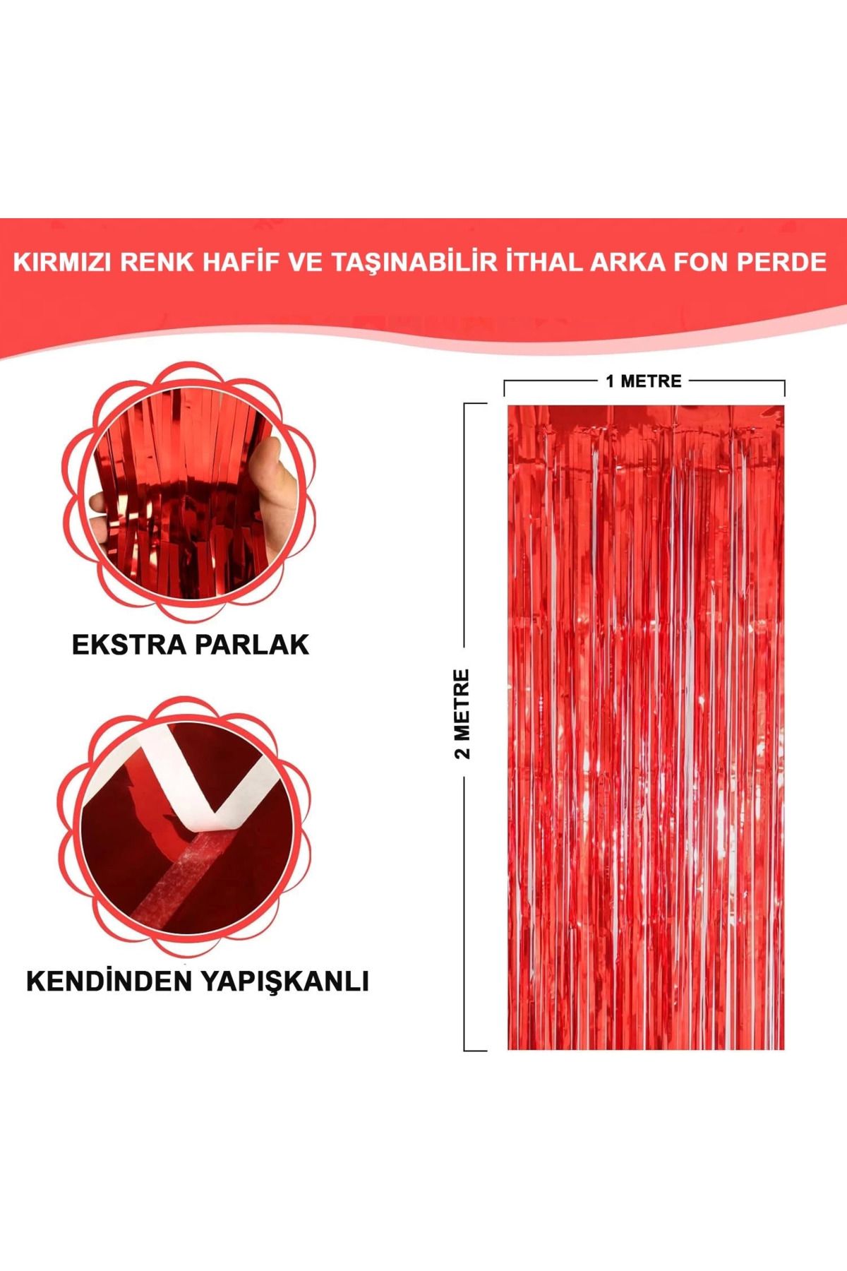 BRL Kırmızı Renk Ekstra Metalize Parlak Saçaklı Arka Fon Perde İthal A Kalite 1x2 Metre