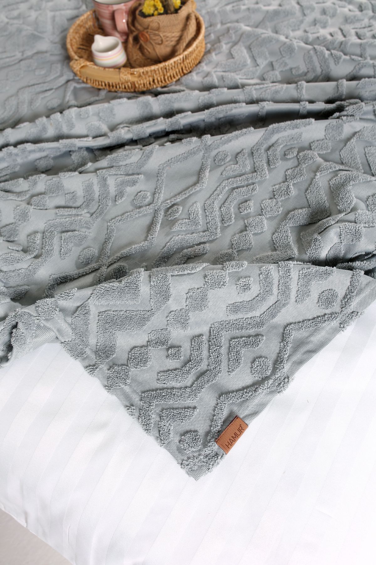 HAMUR-Double Nordic Bedspread Set - Bohemian Punch Ponch Pattern, Letta Grey 3