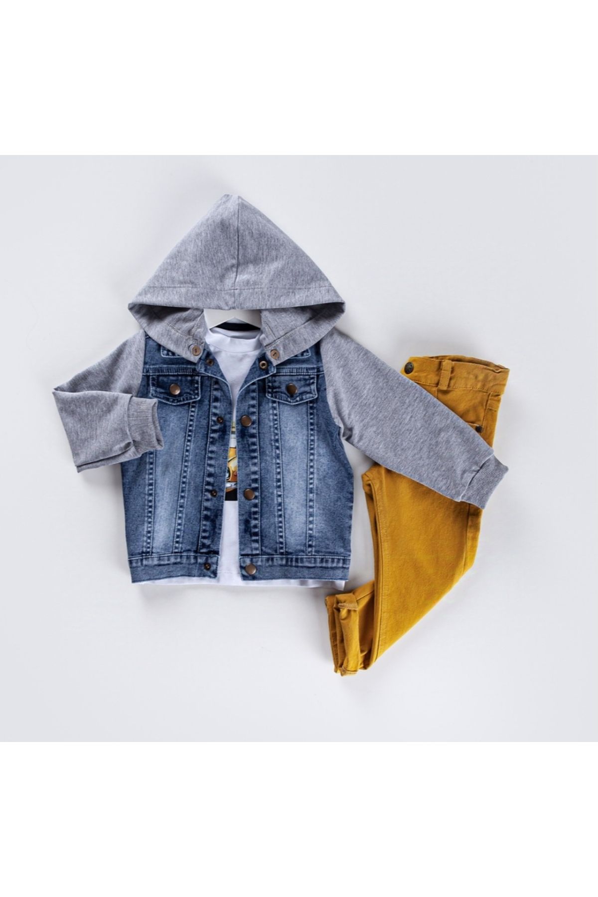 Bebüş-Băieți - Set cardigan din denim cu glugă detașabilă, tricou cu mânecă lungă și pantaloni de in 1