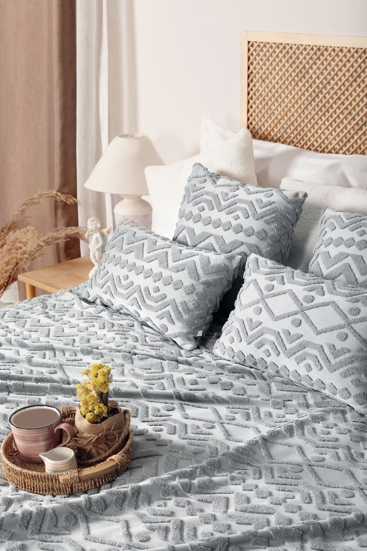 HAMUR-Double Nordic Bedspread Set - Bohemian Punch Ponch Pattern, Letta Grey 2