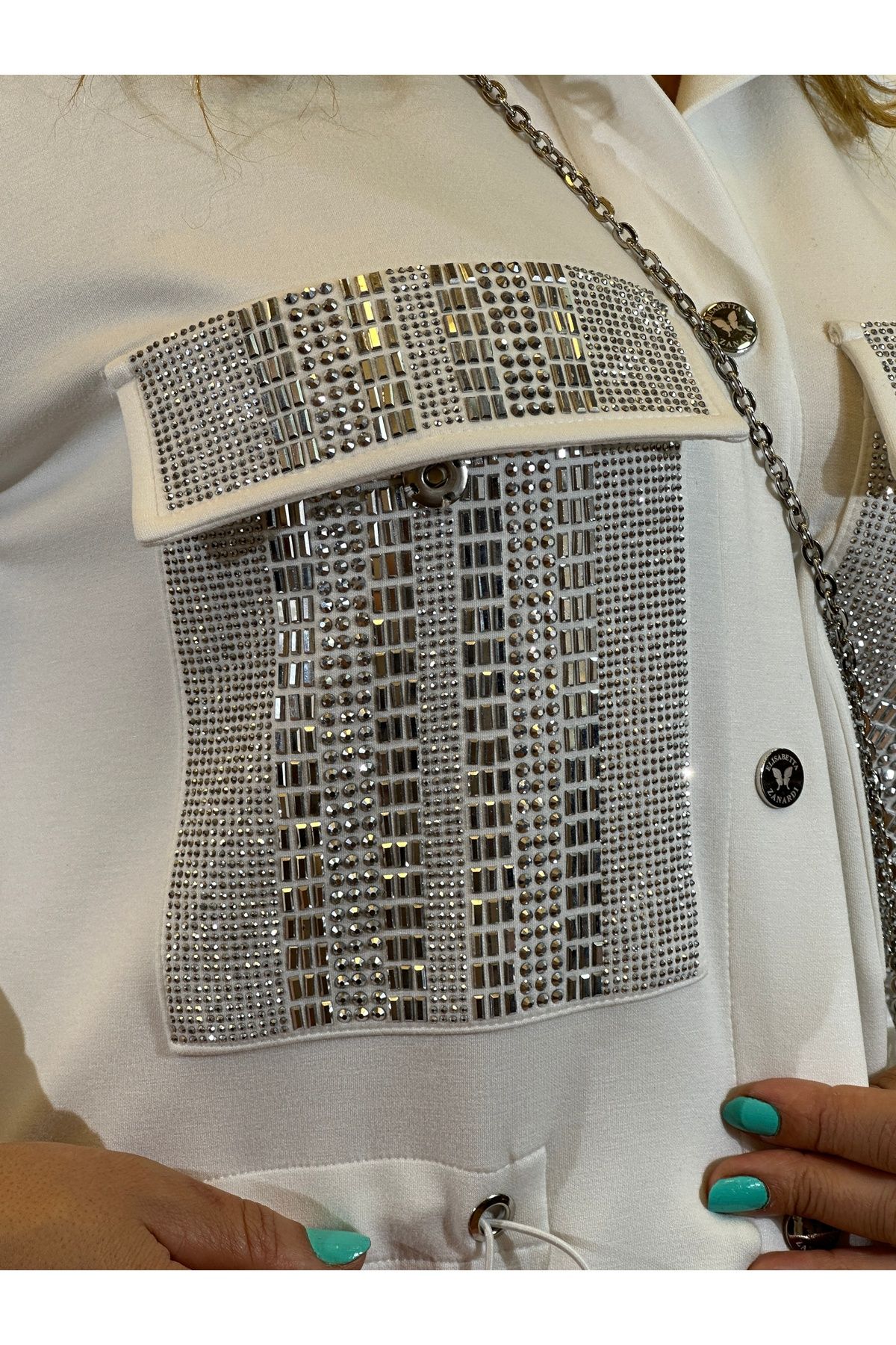Yeşilmoda-Tooling Jacket Pants High Quality Double Pockets Waist with Lycra with Rhinestone Tooling Embroidered 6