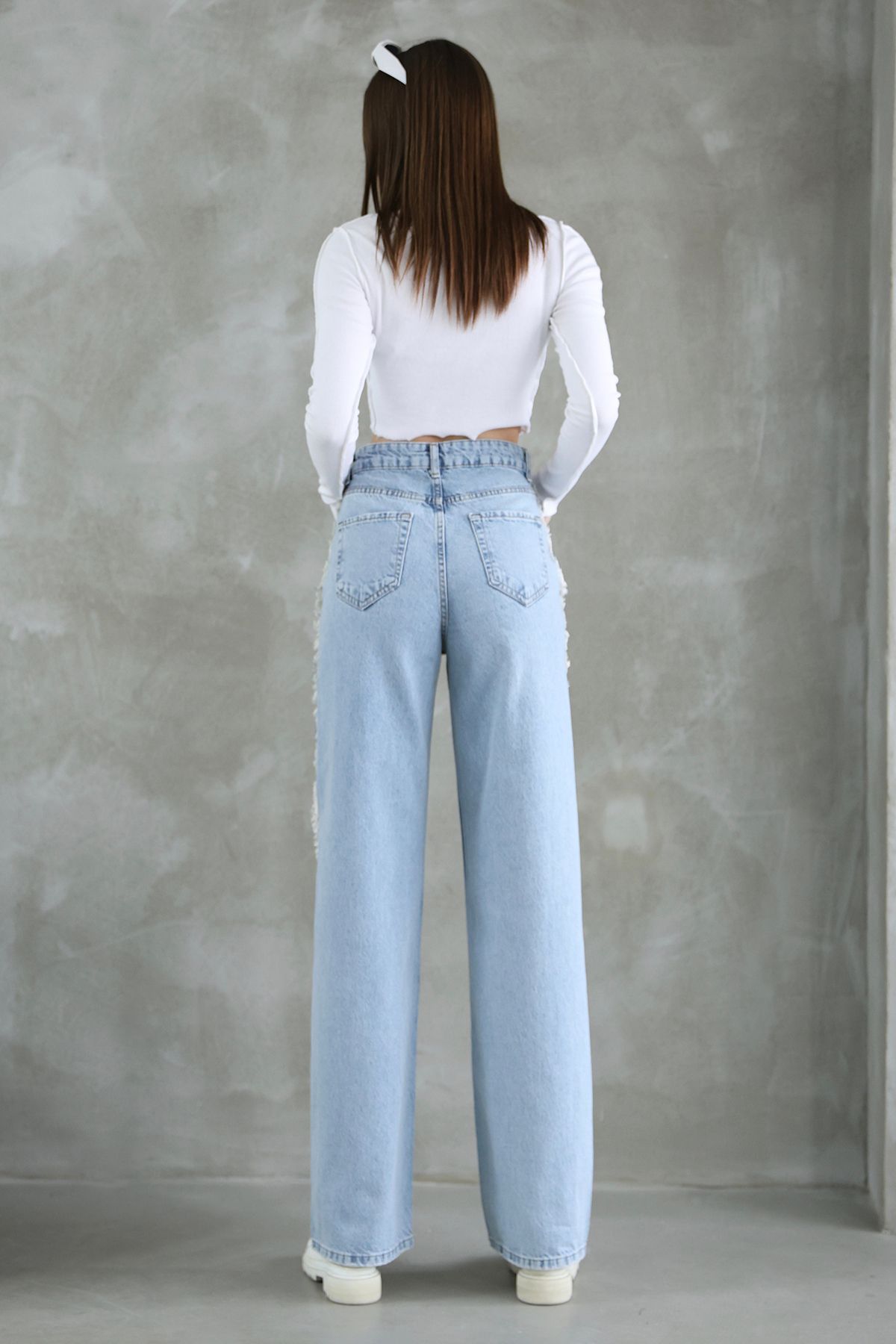 Trendyol Collection-Kék bojtos magas derekú egyenes farmer TWOSS25JE00139 6