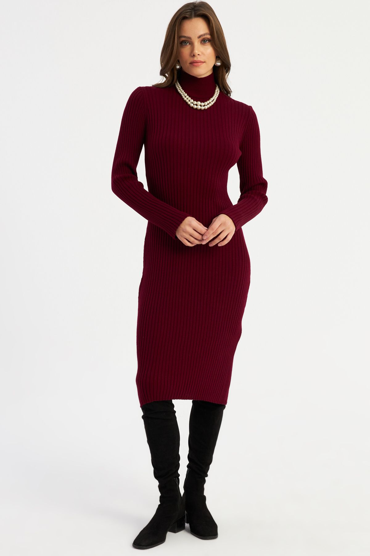 Kadın Bordo Triko Midi Elbise YV303