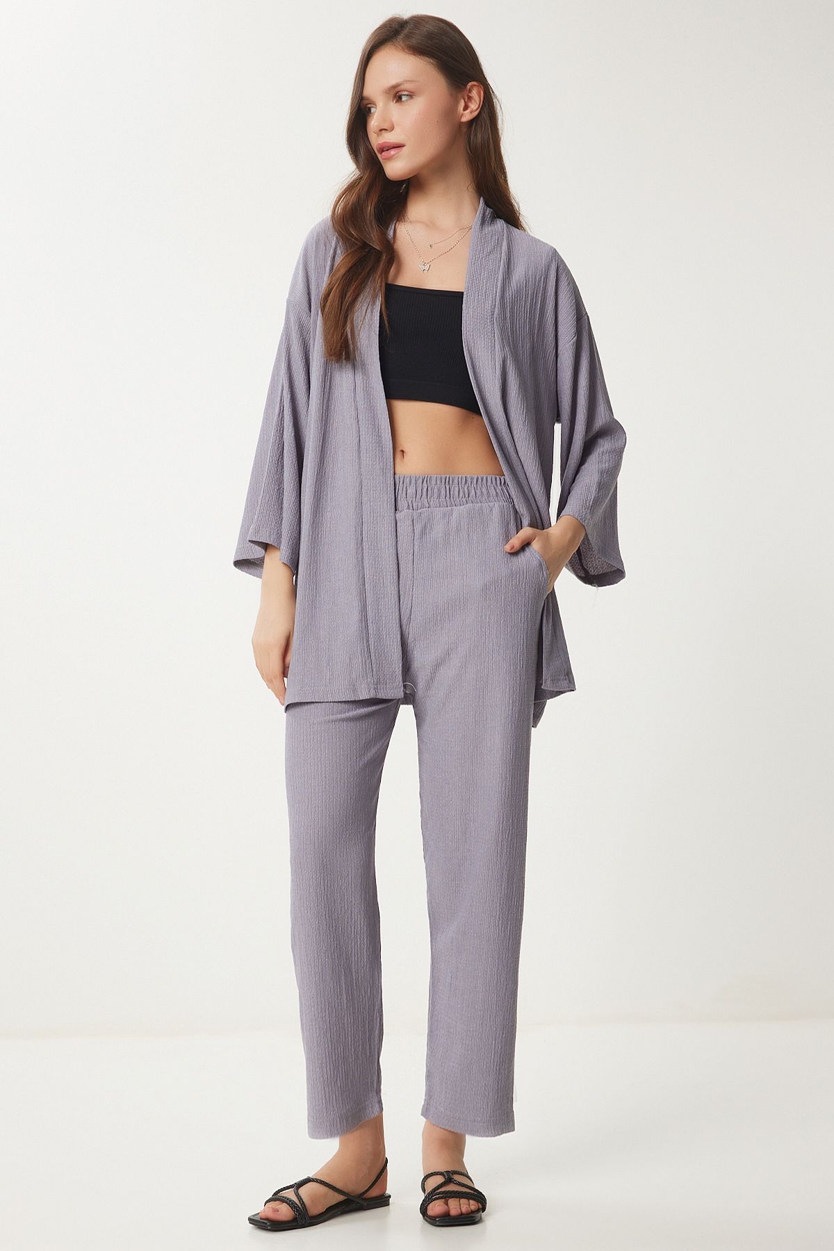 Happiness İstanbul Damskie szare spodnie kimono z dzianiny BY00050