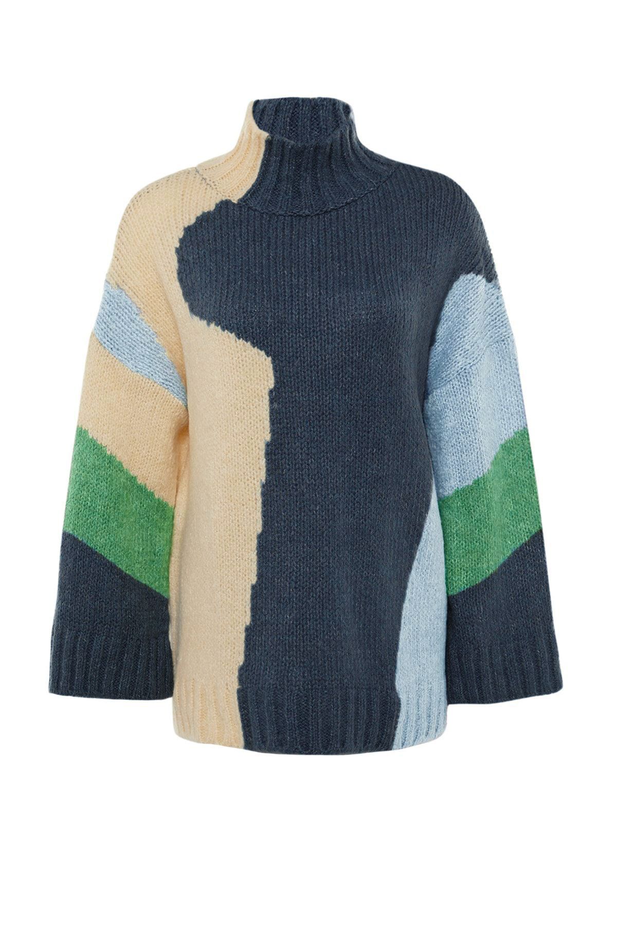 Trendyol Collection-Strickpullover, weit geschnitten mit weichem, strukturierten Color-Blocking-Muster, blau TWOAW20XS0047 6