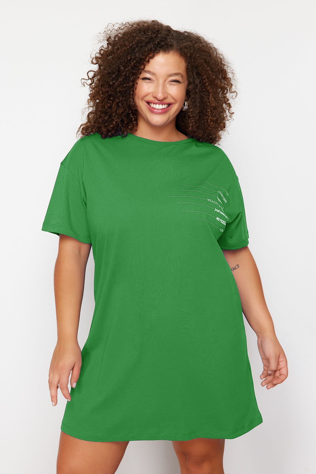 Trendyol Curve Plus Size Blue T Shirt Dress 100 Cotton Crew Neck Slogan Print Tbbss23Ah00162 Trendyol