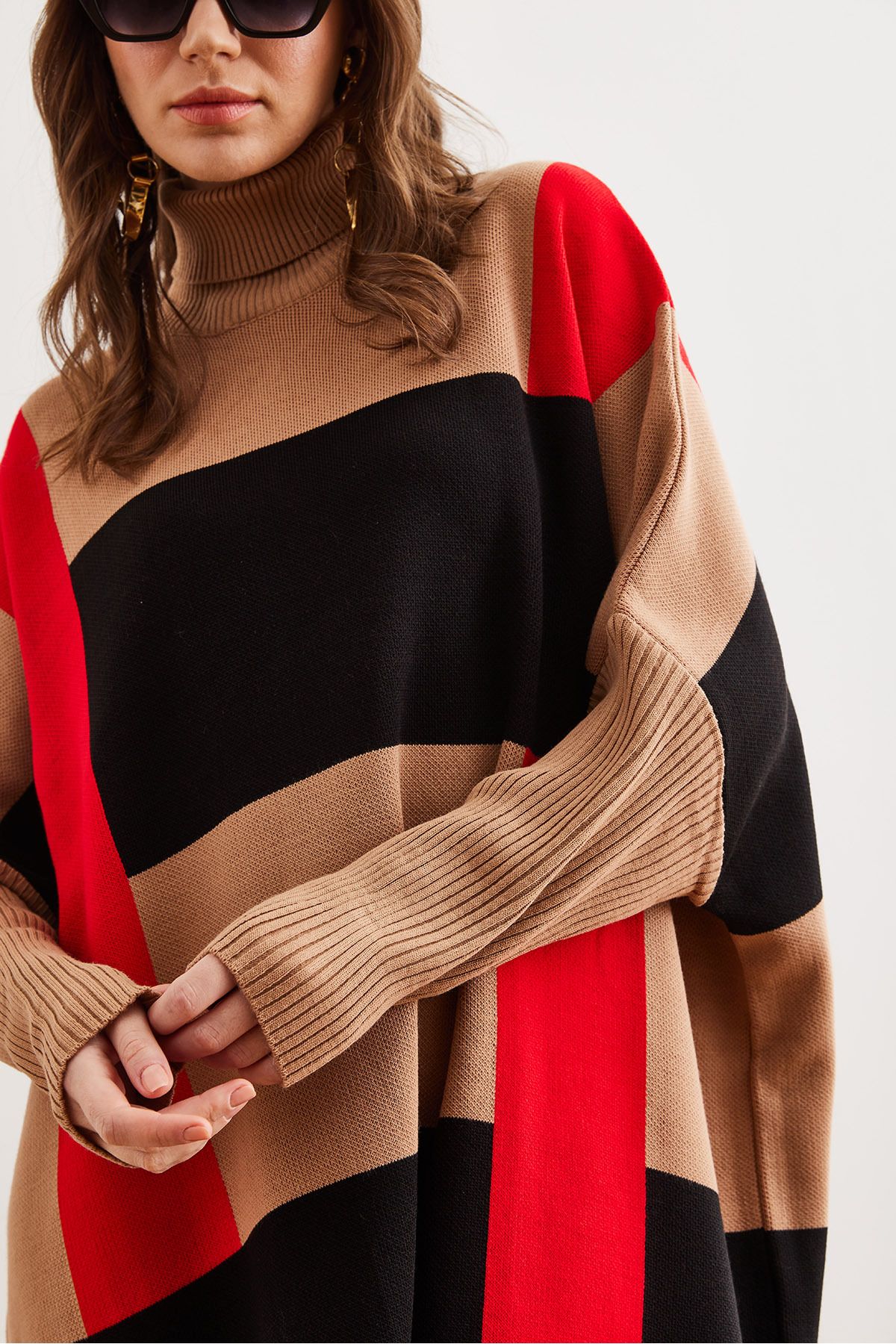 Kadın Camel Ekose Kalın Panço Tunik Elbise ELB-19002323