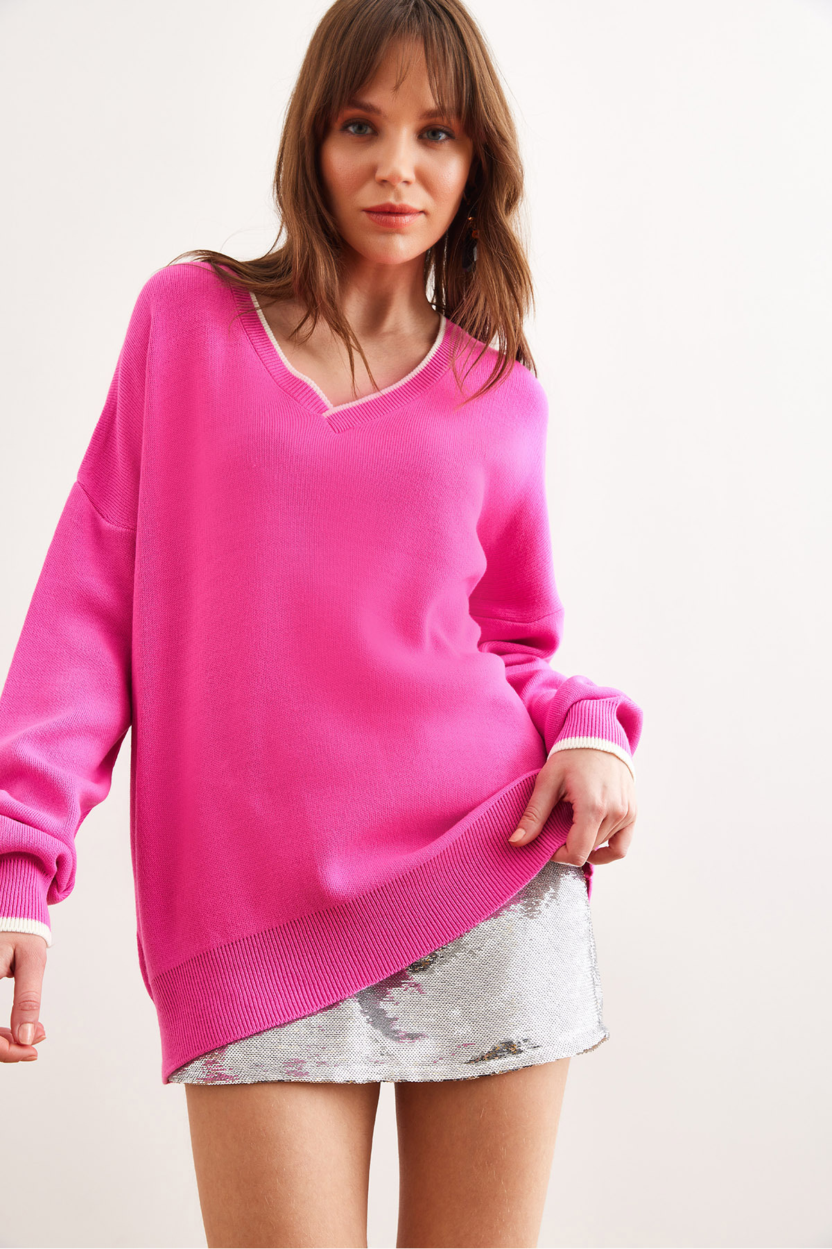 Women's Pink Neck Detailed Striped Thick Knitwear SweaterKZK-19000924