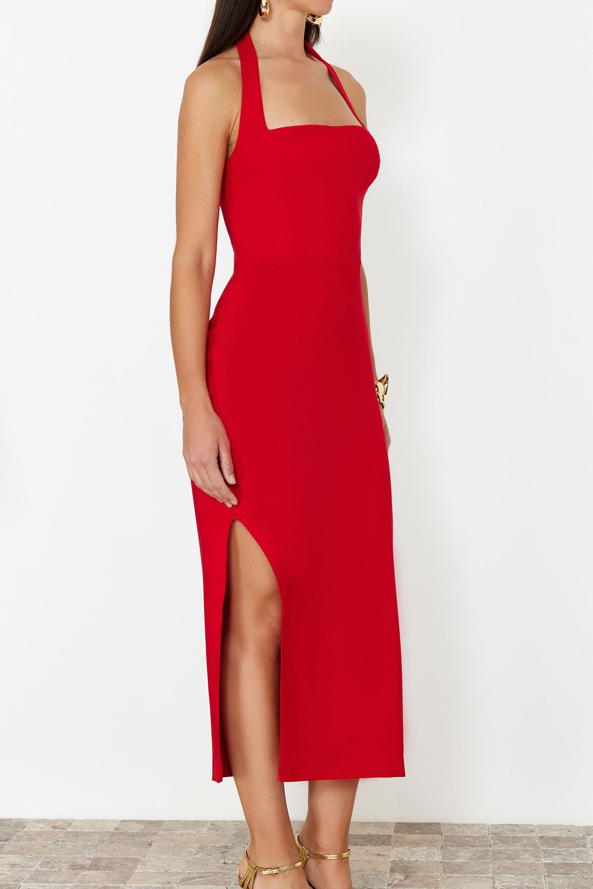 Trendyolmilla  Kırmızı Vücuda Oturan Dokuma Abiye Gece Mezuniyet Elbisesi TPRSS24EL00136 - Görsel 4