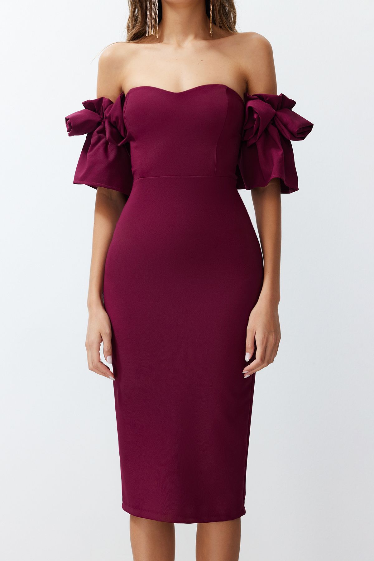 Trendyol Collection-Rochie de seara tesuta eleganta cu accesorii trandafiri mov - TPRSS23EL00541 4