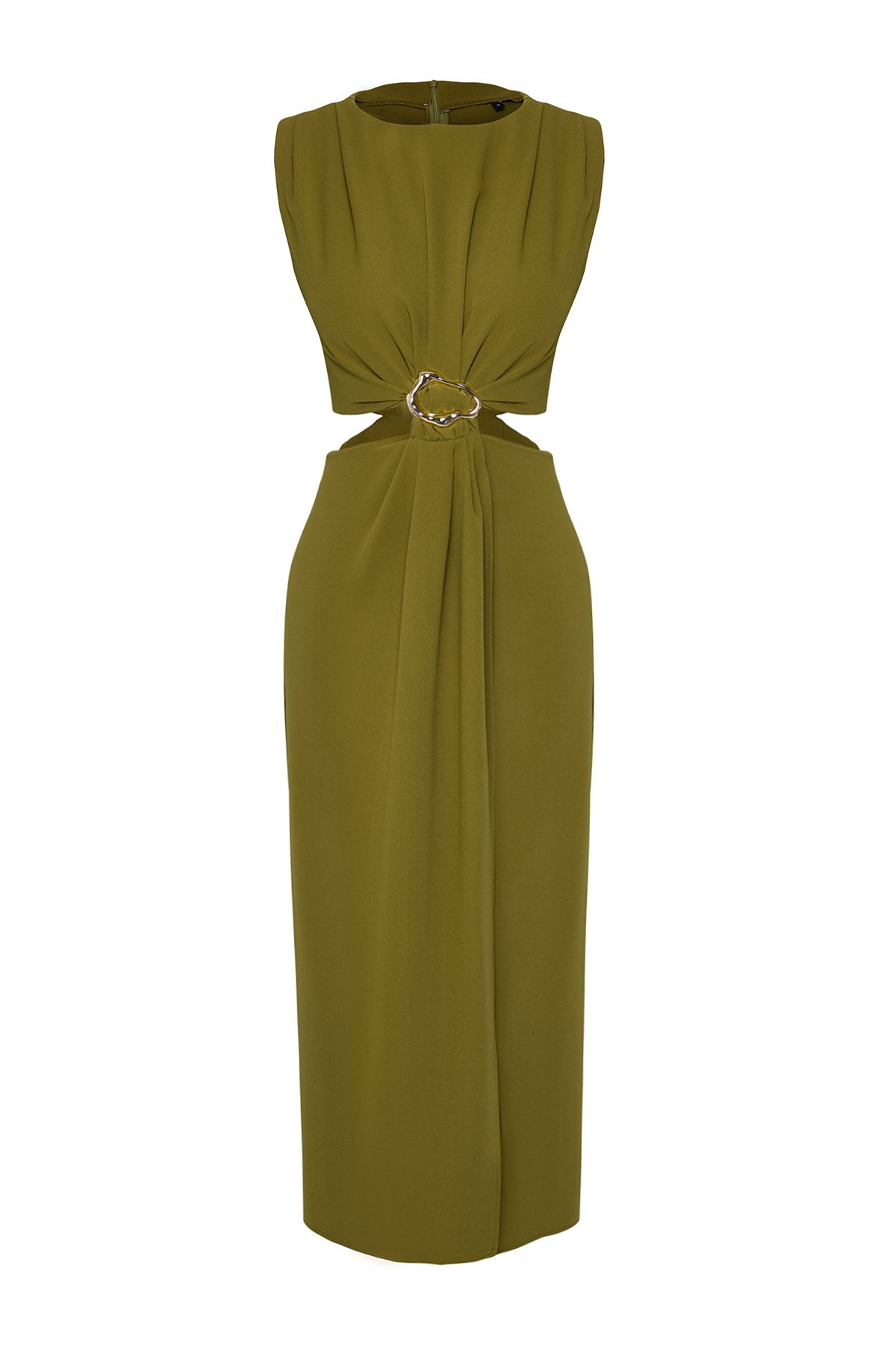 Trendyol Collection Tkana oliwkowa sukienka midi o prostym kroju trapezowym z wycięciami TWOSS25EL00017
