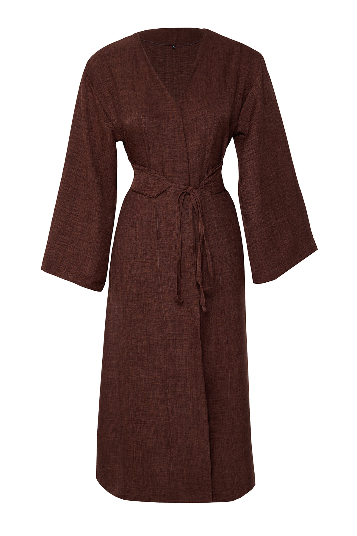Trendyol Modest-Lněné tkané detailní kimono a kaftan – hnědá, vázání v pase, Tctss24Kk00001 6