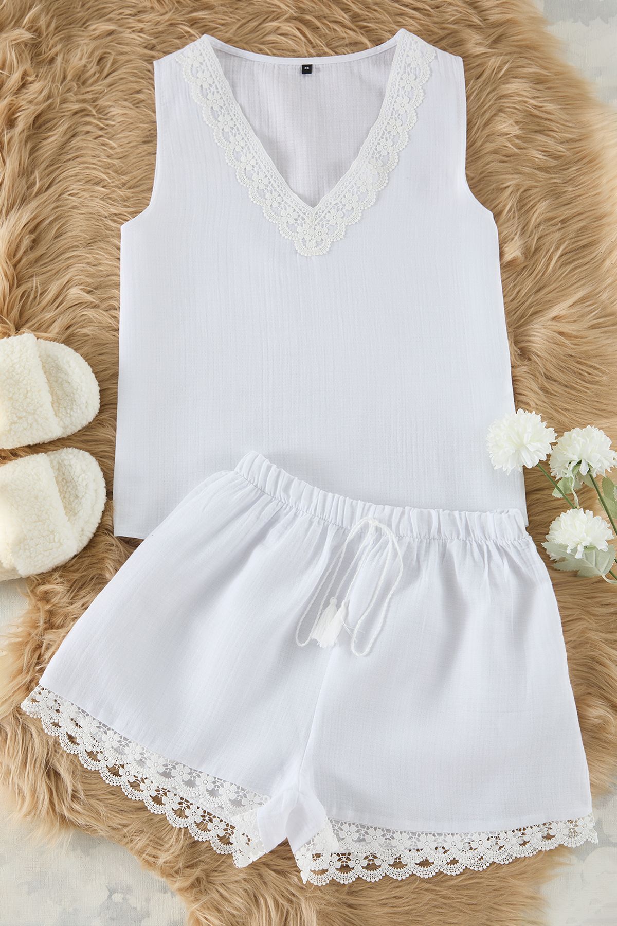 Trendyol Collection-Set pijamale alb 100% bumbac dantela Dateyl muselină țesută THMSS25PT00023 6