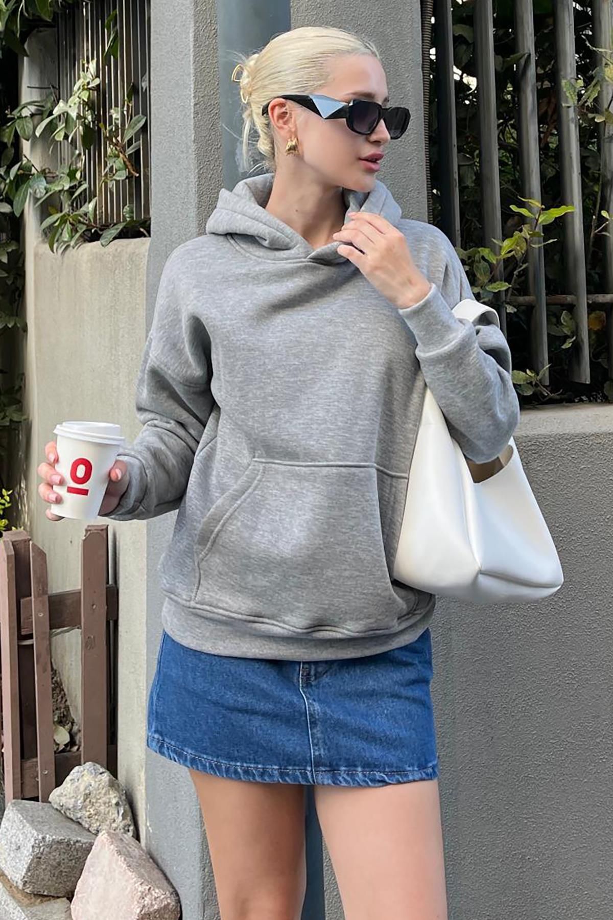 Moda Glo Kapüşonlu Şardonlu Oversize Cepli Sweatshirt