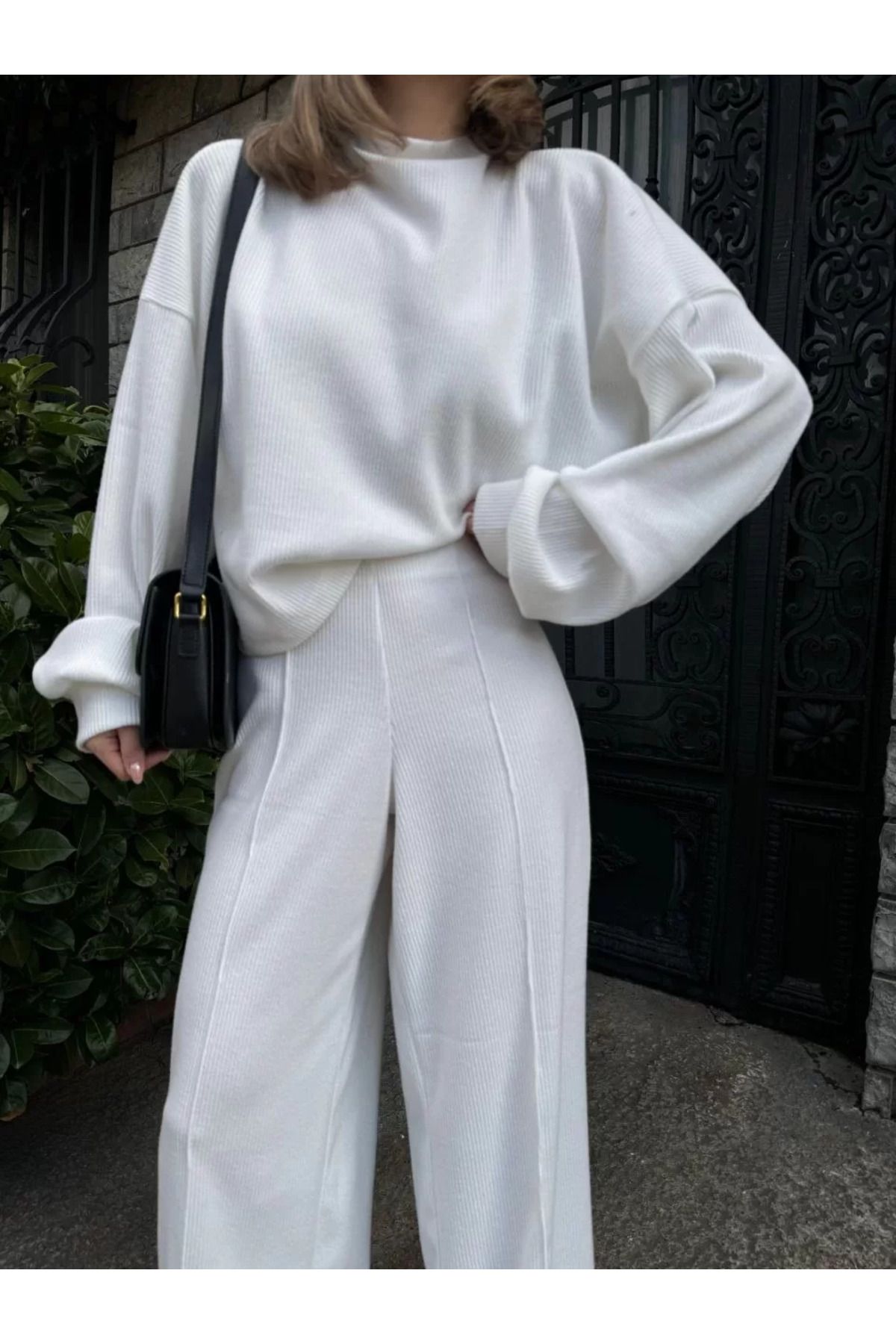 C&Z Collection Crop, Pantolon Fitilli İkili Takım -Beyaz