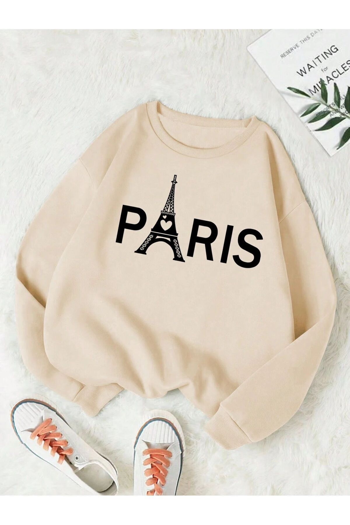 Moda Glo Kadın Paris Baskılı Oversize Bisiklet Yaka Sweatshirt