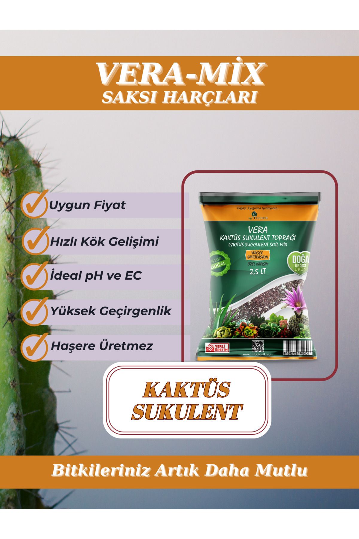 MF Botanik Veramix Kaktüs Sukulent Saksı Harcı Bitki Toprağı Özel Karışım Ithal Torf - Cocopeat 2,5 Litre