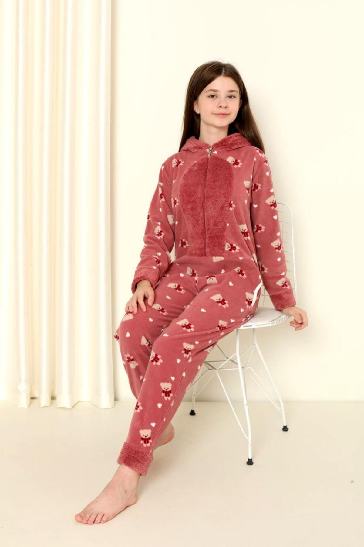 nisaNCa-Patterned Winter Girl's Fleece Jumpsuit Pajama Set 5