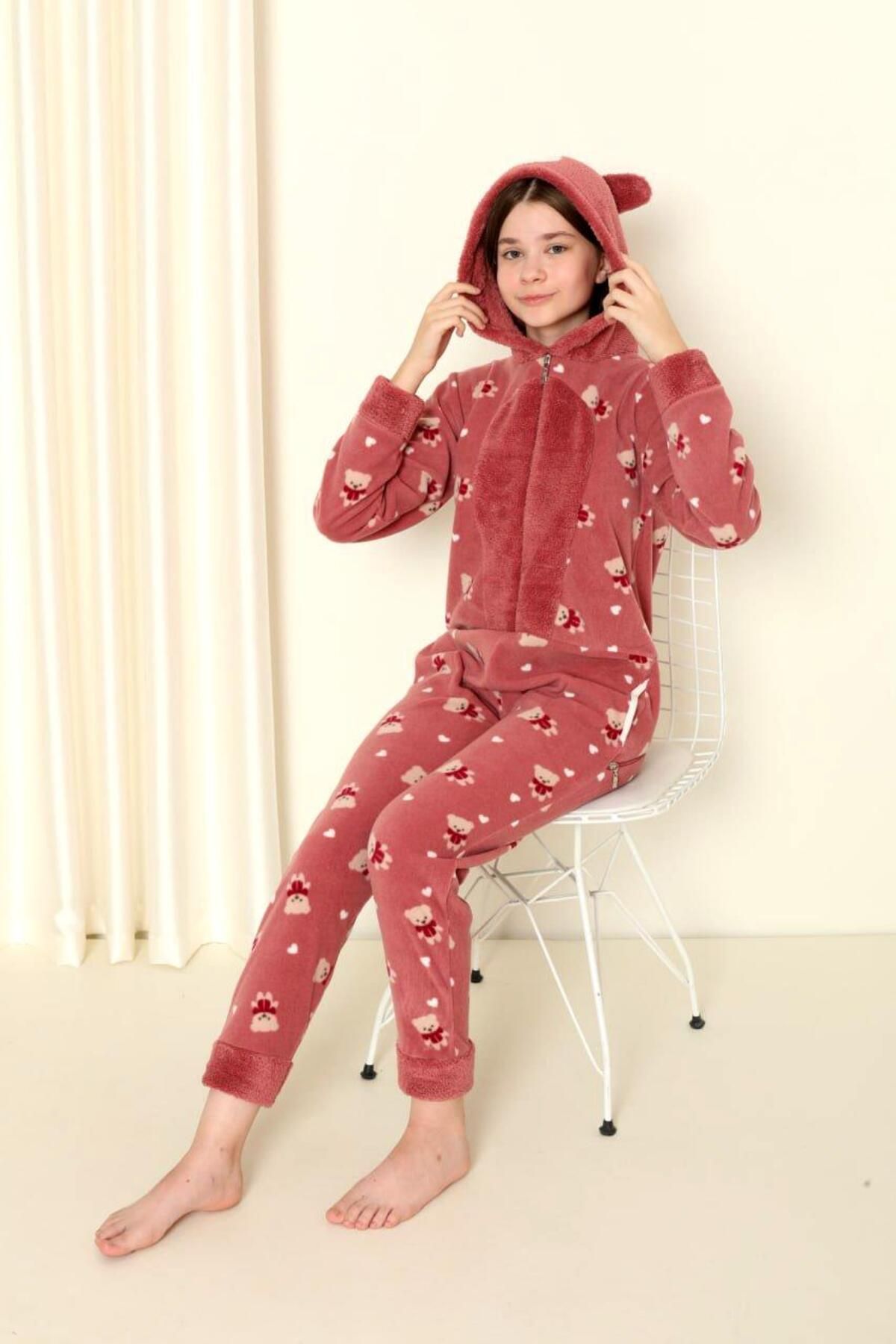 nisaNCa-Patterned Winter Girl's Fleece Jumpsuit Pajama Set 3