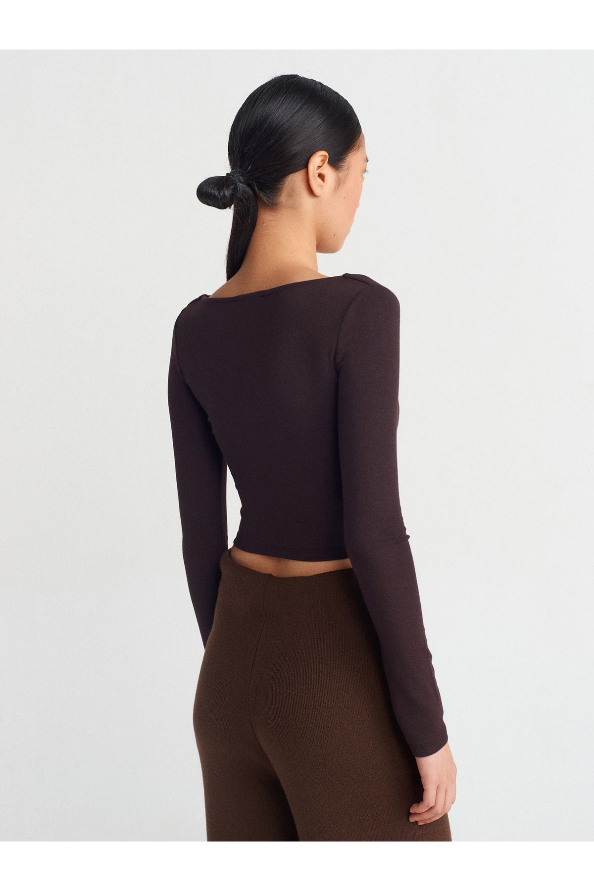 Dilvin-31507 Long Sleeve Top-Dark Brown 2