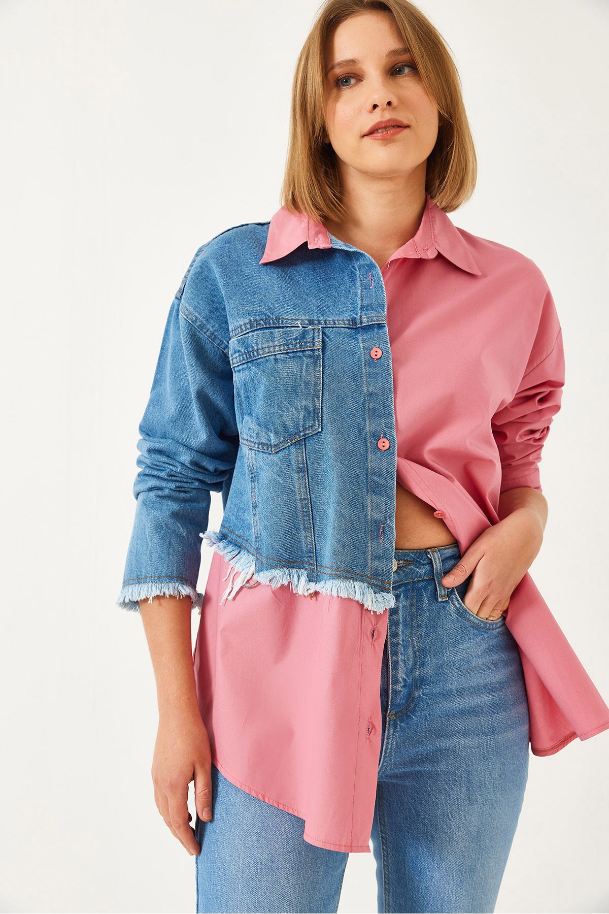 Bianco Lucci-Women's Denim Piece Single Pocket Shirt 2505 60351323 5
