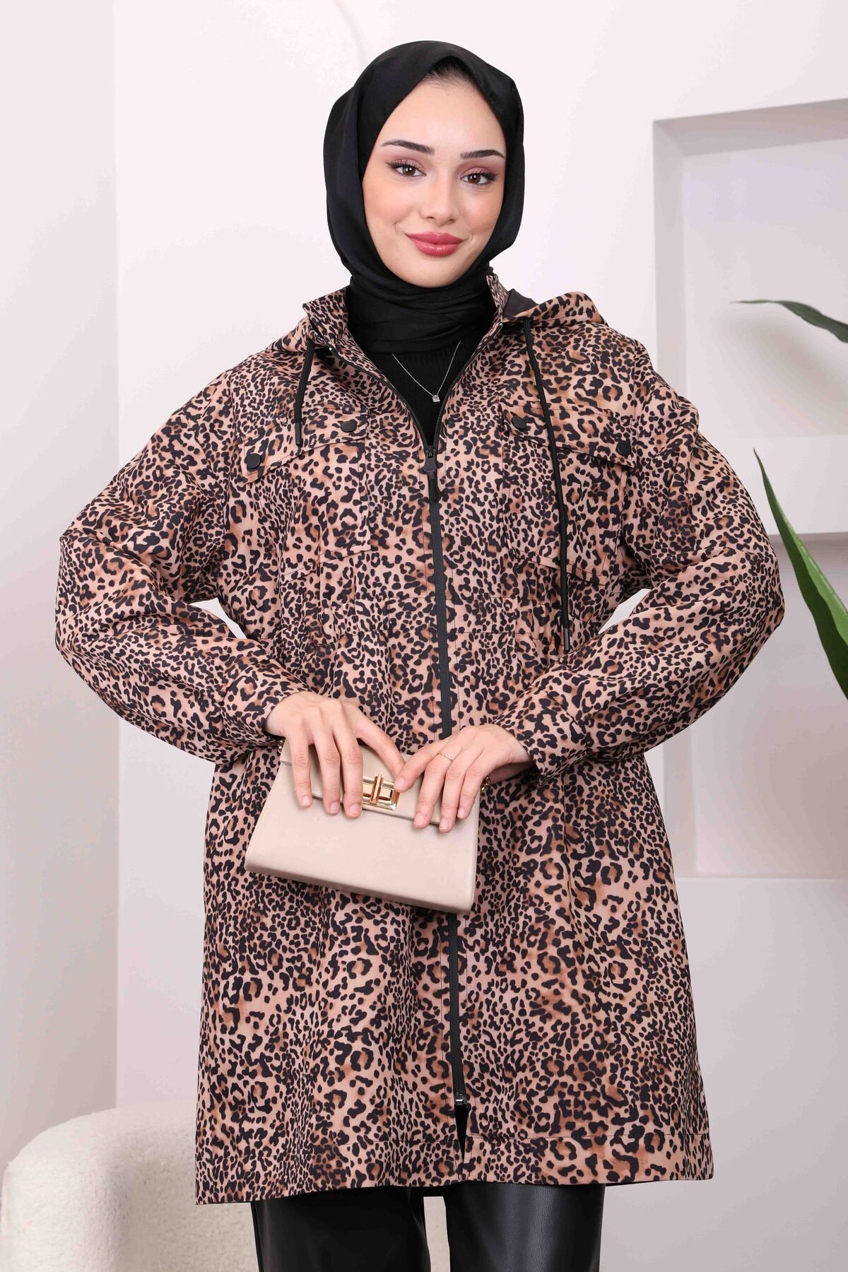 İmajButik-Mink Waist Gathered Hooded Leopard Trench 2