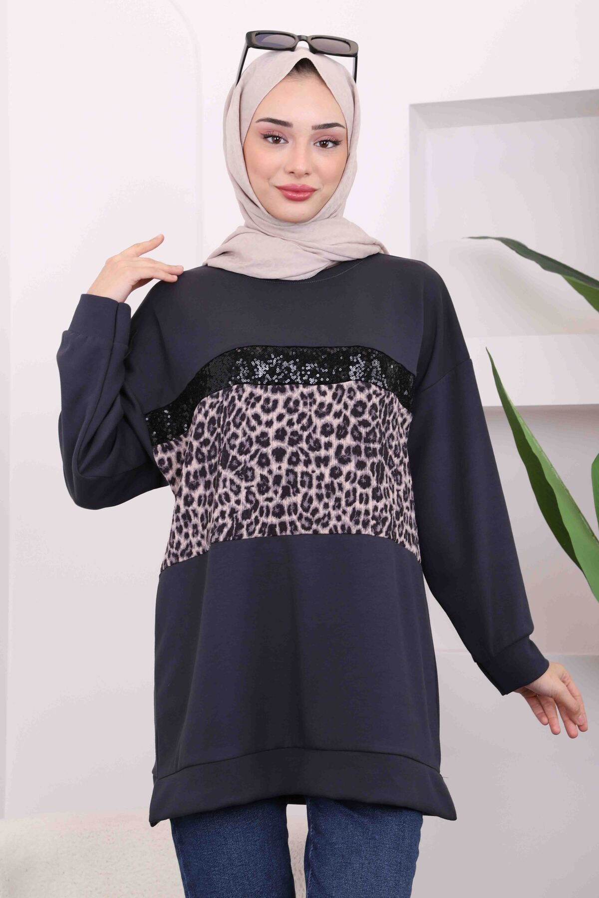 İmajButik-Smoked Gray Modal Tunic with Leopard Front 3