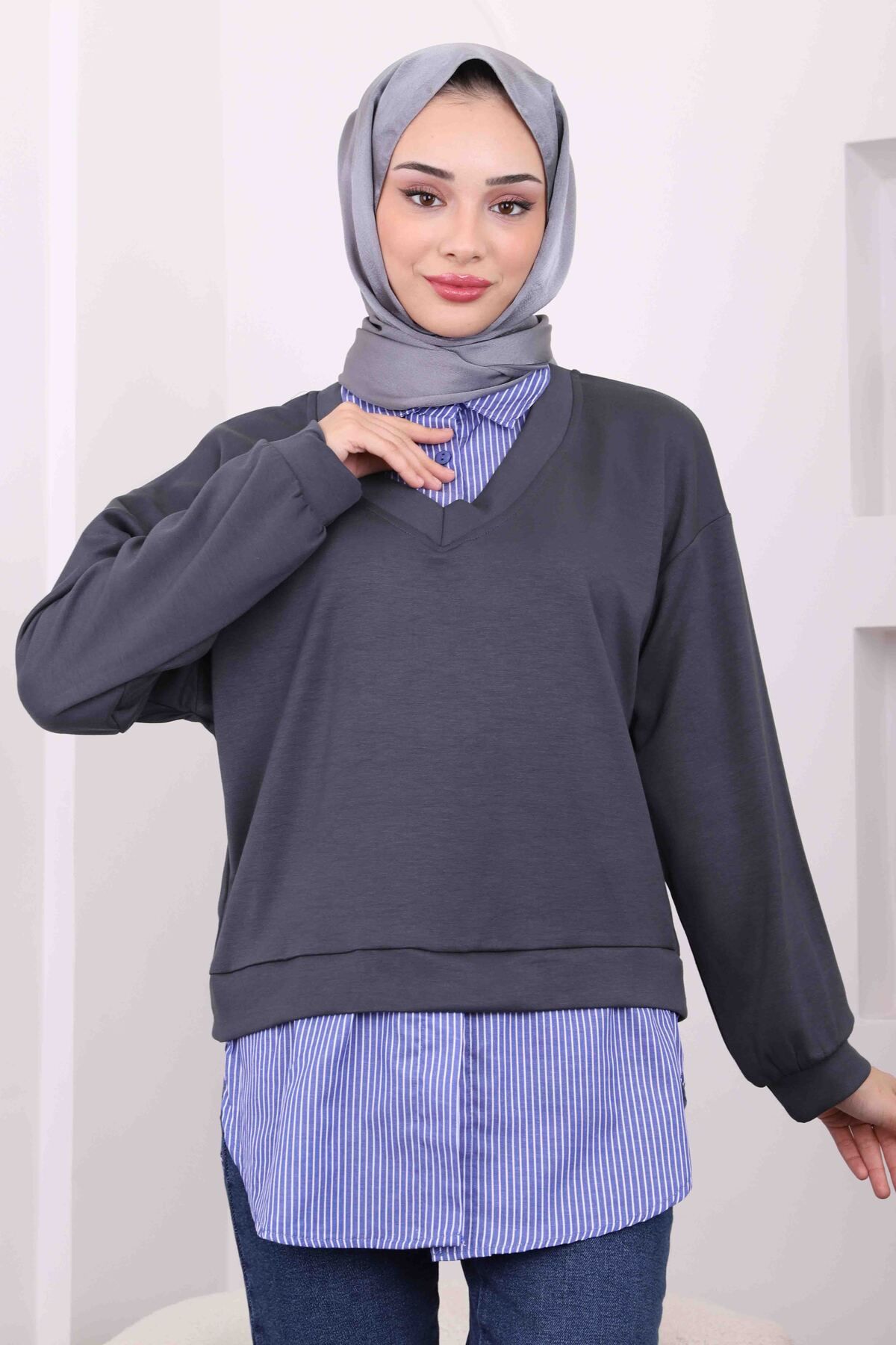 İmajButik-Sweat combinat cămașă modal cu garnitură în dungi afumate 3