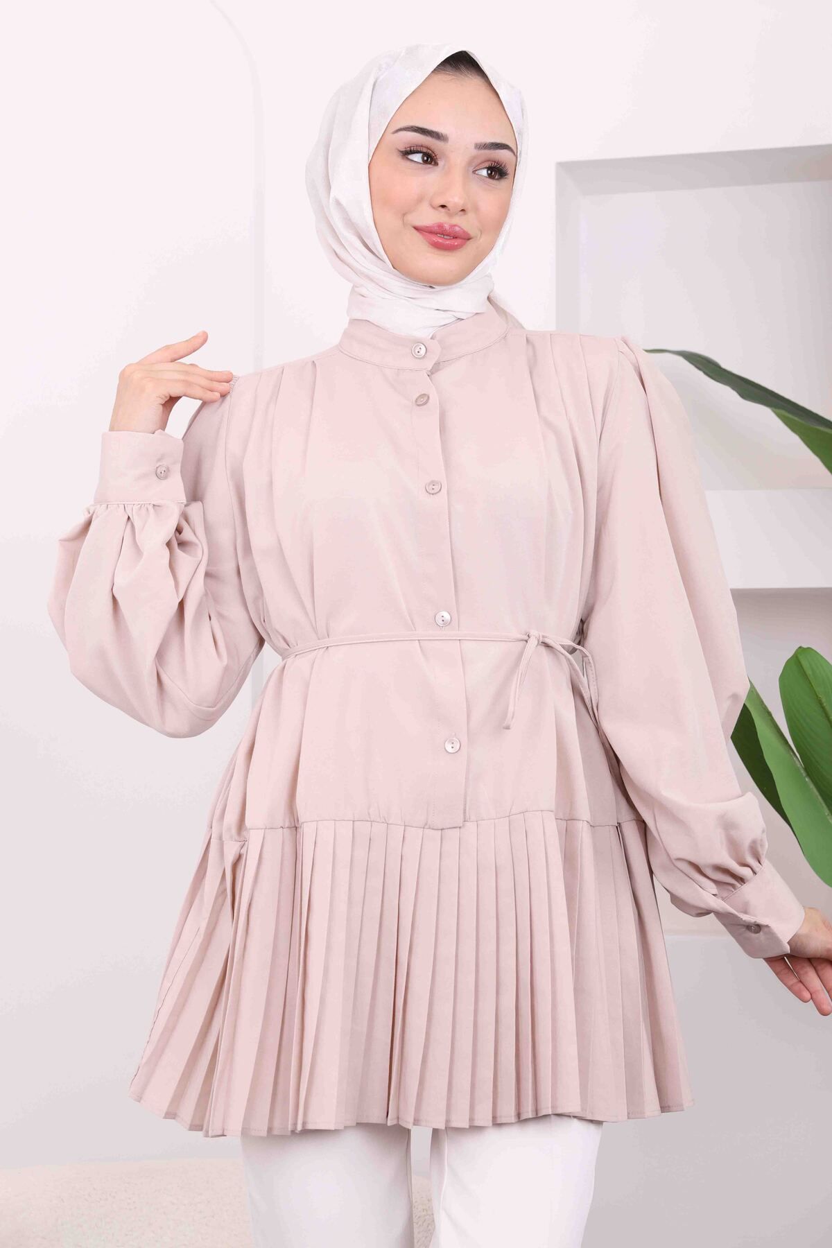 İmajButik-Stone Waist Belted Pleated Tunic Shirt 3