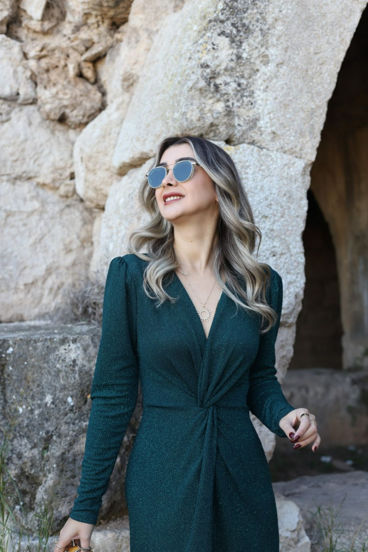 bytugcekaya-Rochie cu noduri cu sclipici verde smarald 3