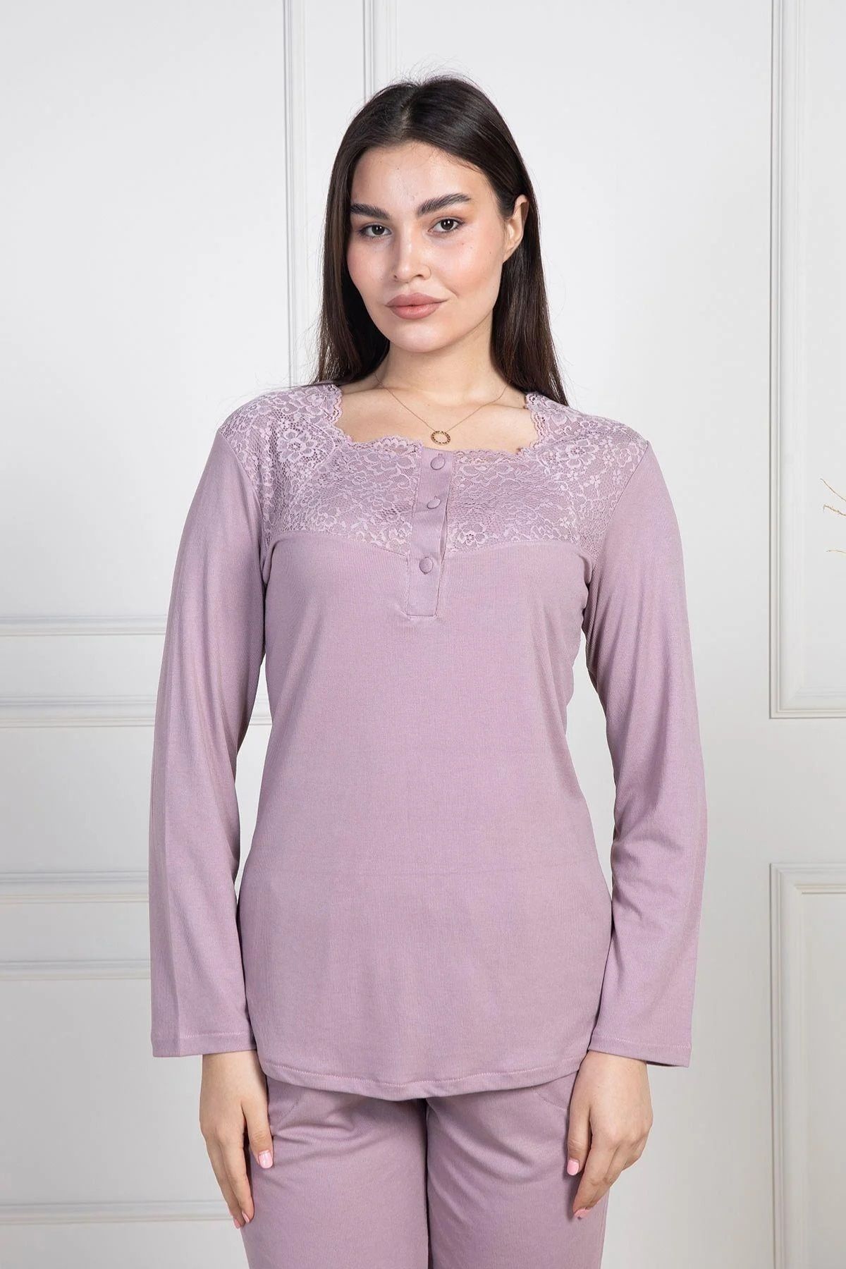 Mecit Pijama-Set de pijamale pentru femei, cu mâneci lungi, guler cu nasturi, dantelă, mărime mare, 75% bumbac, 25% viscoză 3