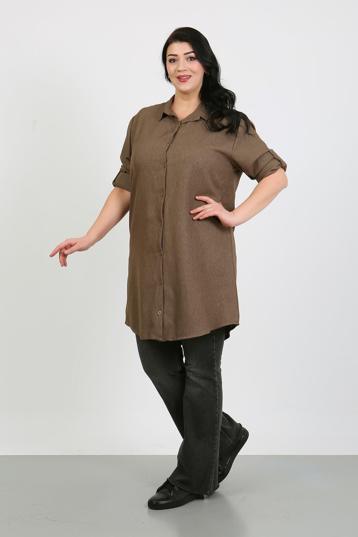 By Alba Collection-Women's Plain Tan Wool Viscose Plus Size Tunic 4