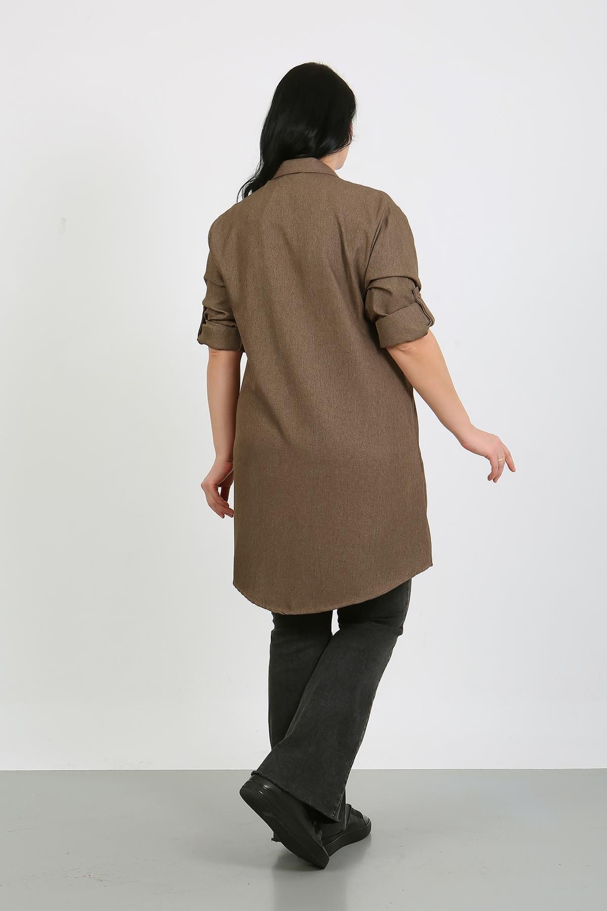 By Alba Collection-Women's Plain Tan Wool Viscose Plus Size Tunic 2