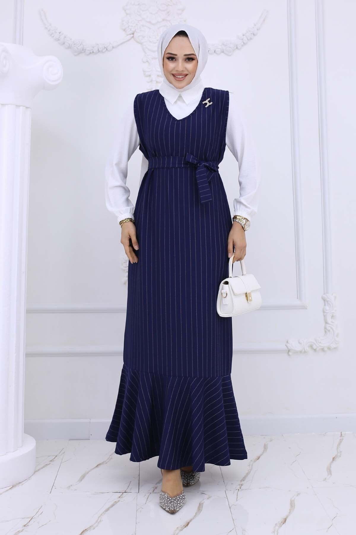 benguen-Navy Blue 4002 - Stripe Detailed Brooch Dress 5