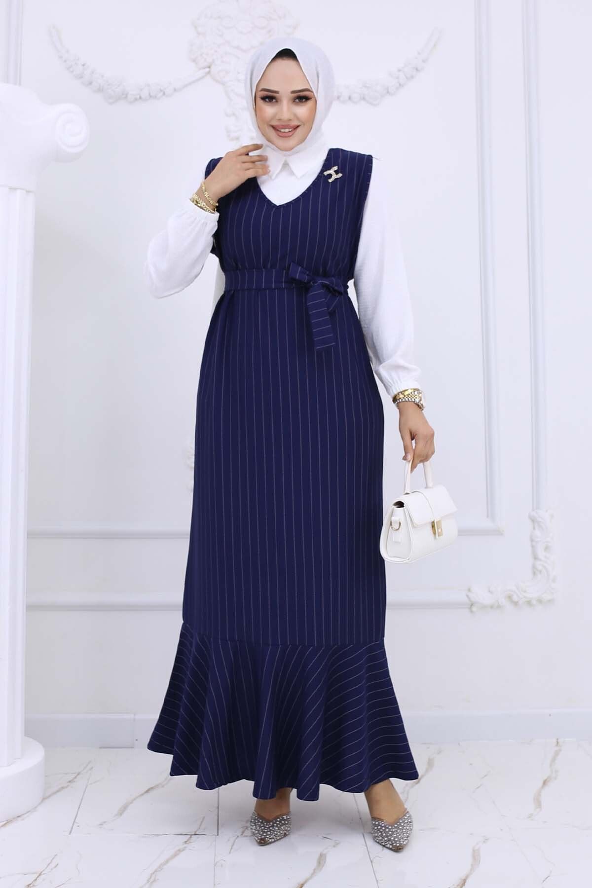 benguen-Navy Blue 4002 - Stripe Detailed Brooch Dress 1