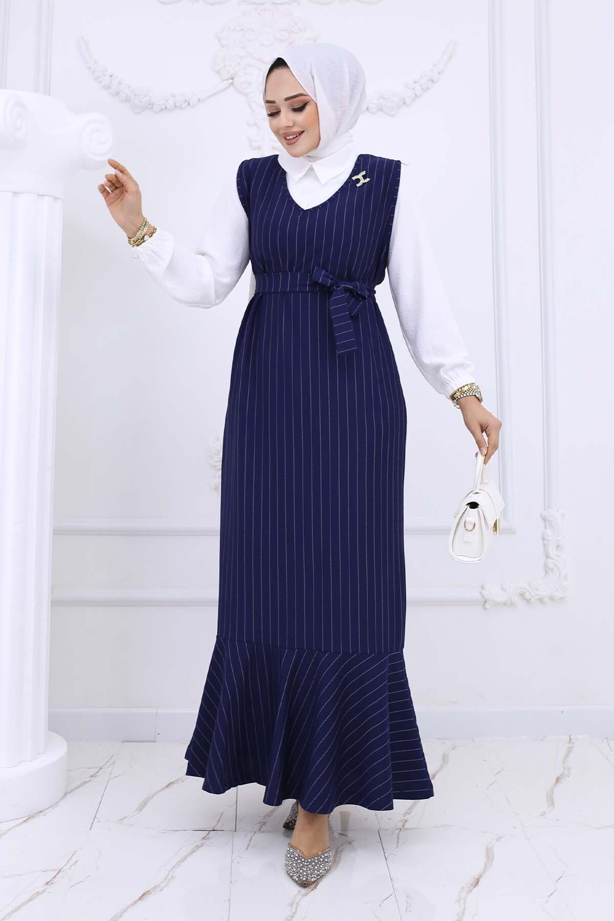 benguen-Navy Blue 4002 - Stripe Detailed Brooch Dress 4