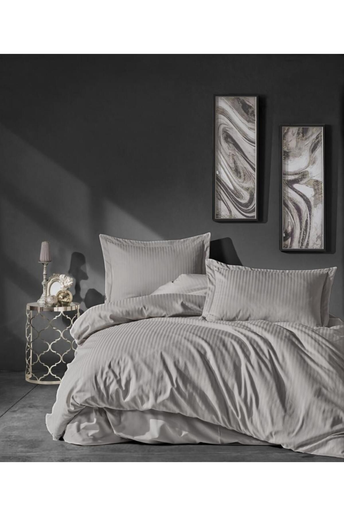 FAYMEM GLOBAL Çift Kişilik Saten Nevresim Takımı Elegante Stripe Bej
