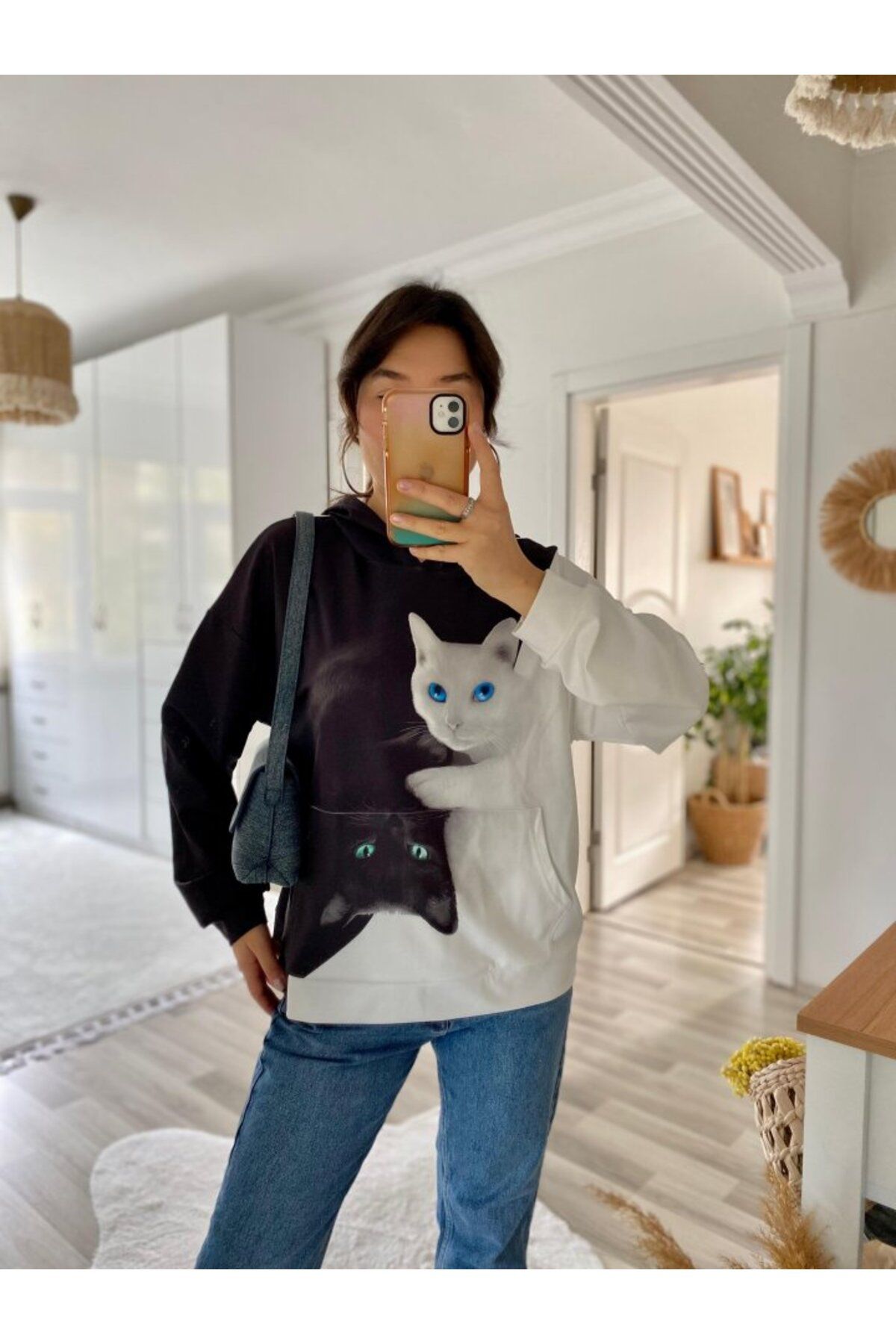 MD Kumsal Kadın Uzun Kollu Kapşonlu Bağcıklı Kedi Desenli şardonlu Dalgıç Bluz